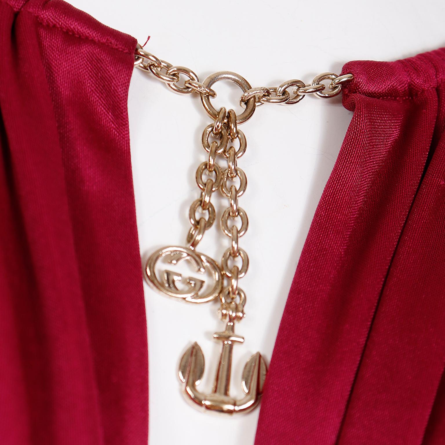 Gucci Burgundy Low Cut Top with Sash and Gold GG Logo & Anchor Charms 6