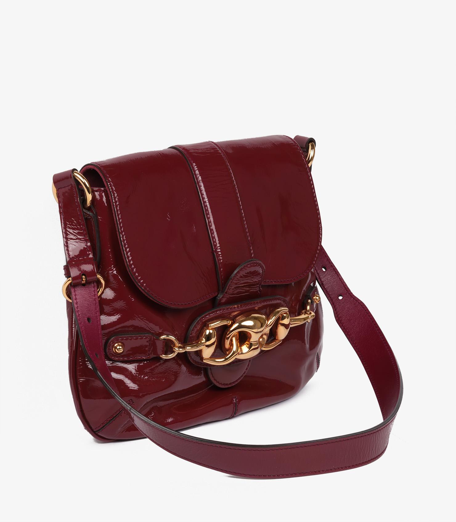 Brown Gucci Burgundy Patent Leather Ancora Wave Flap Bag For Sale