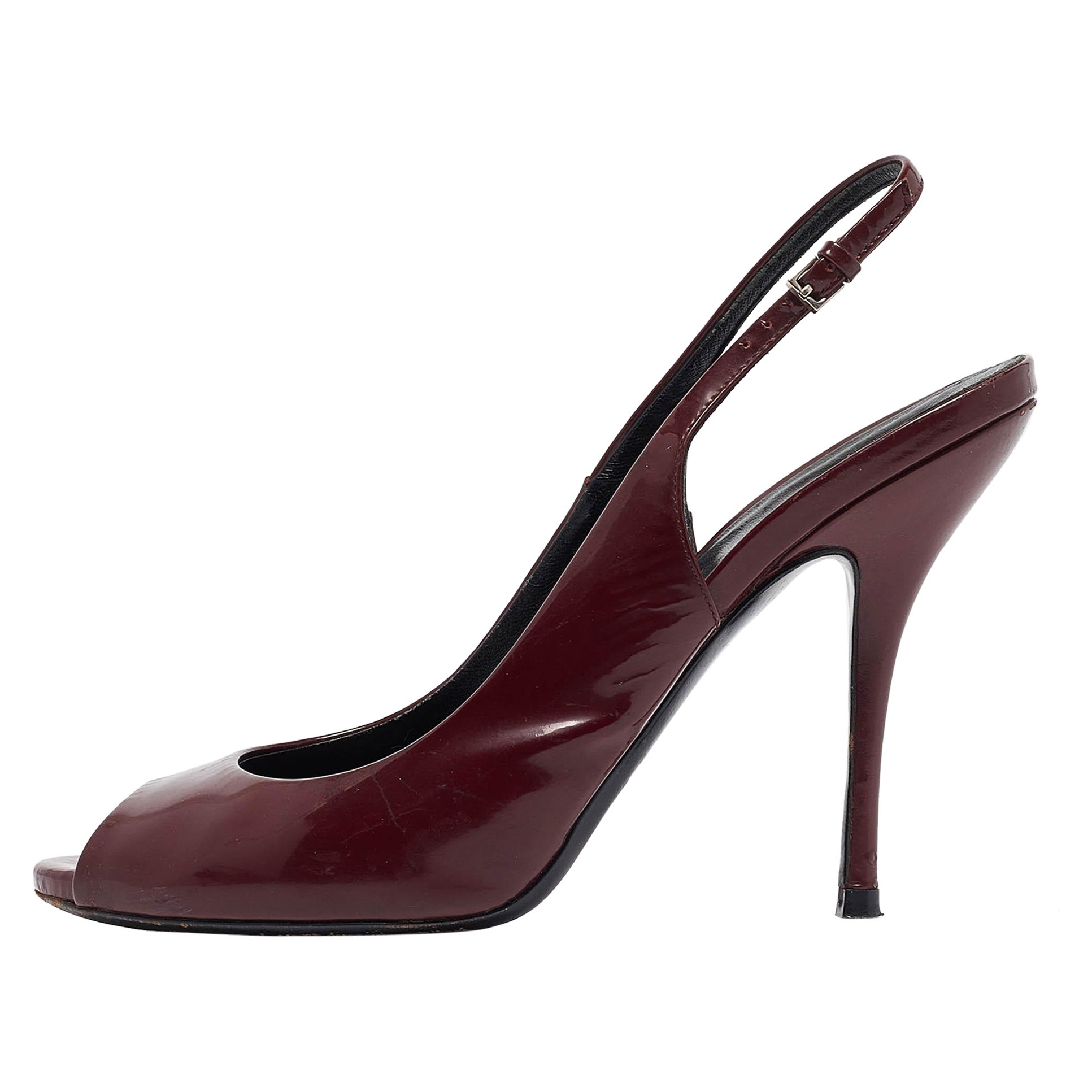 Gucci Burgundy Patent Leather Peep Toe Slingback Pumps Size 38.5