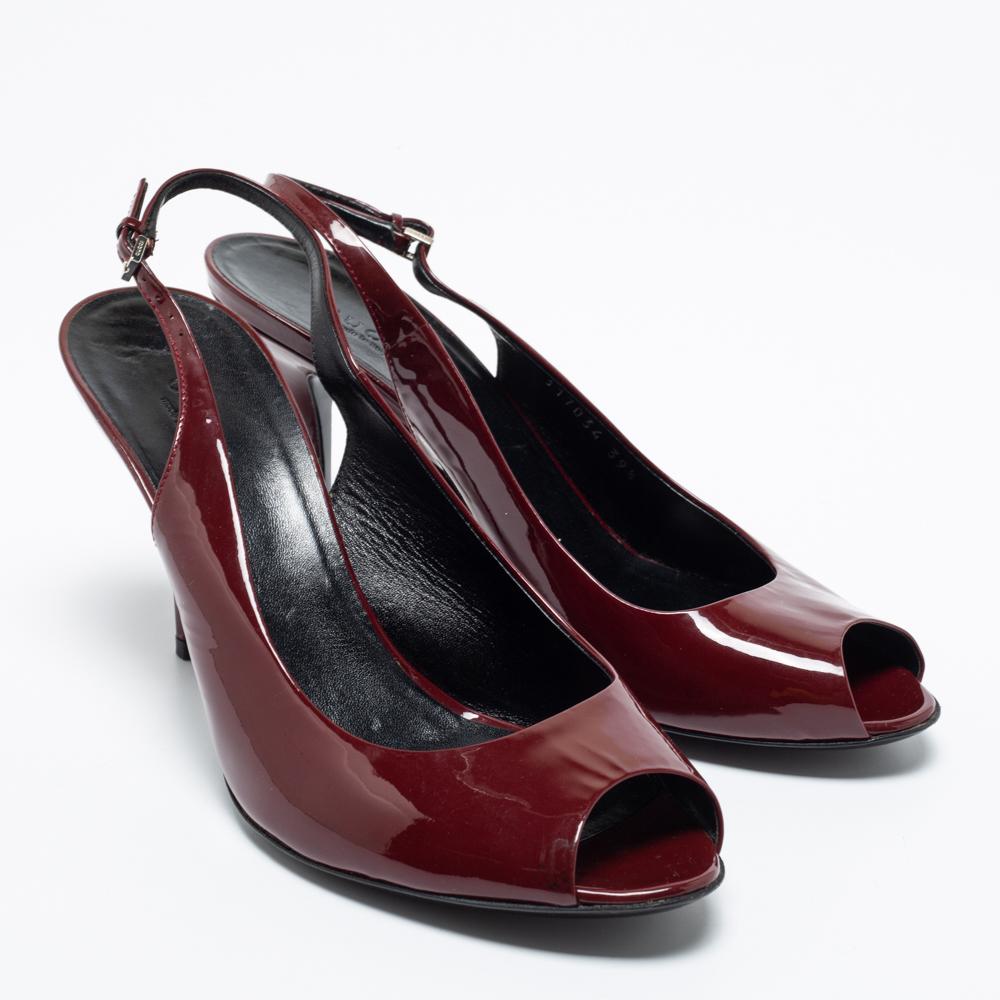 Women's Gucci Burgundy Patent Leather Peep Toe Slingback Sandals Size 39.5