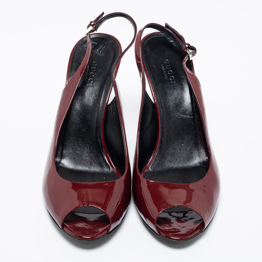 Gucci Burgundy Patent Leather Peep Toe Slingback Sandals Size 39.5 1