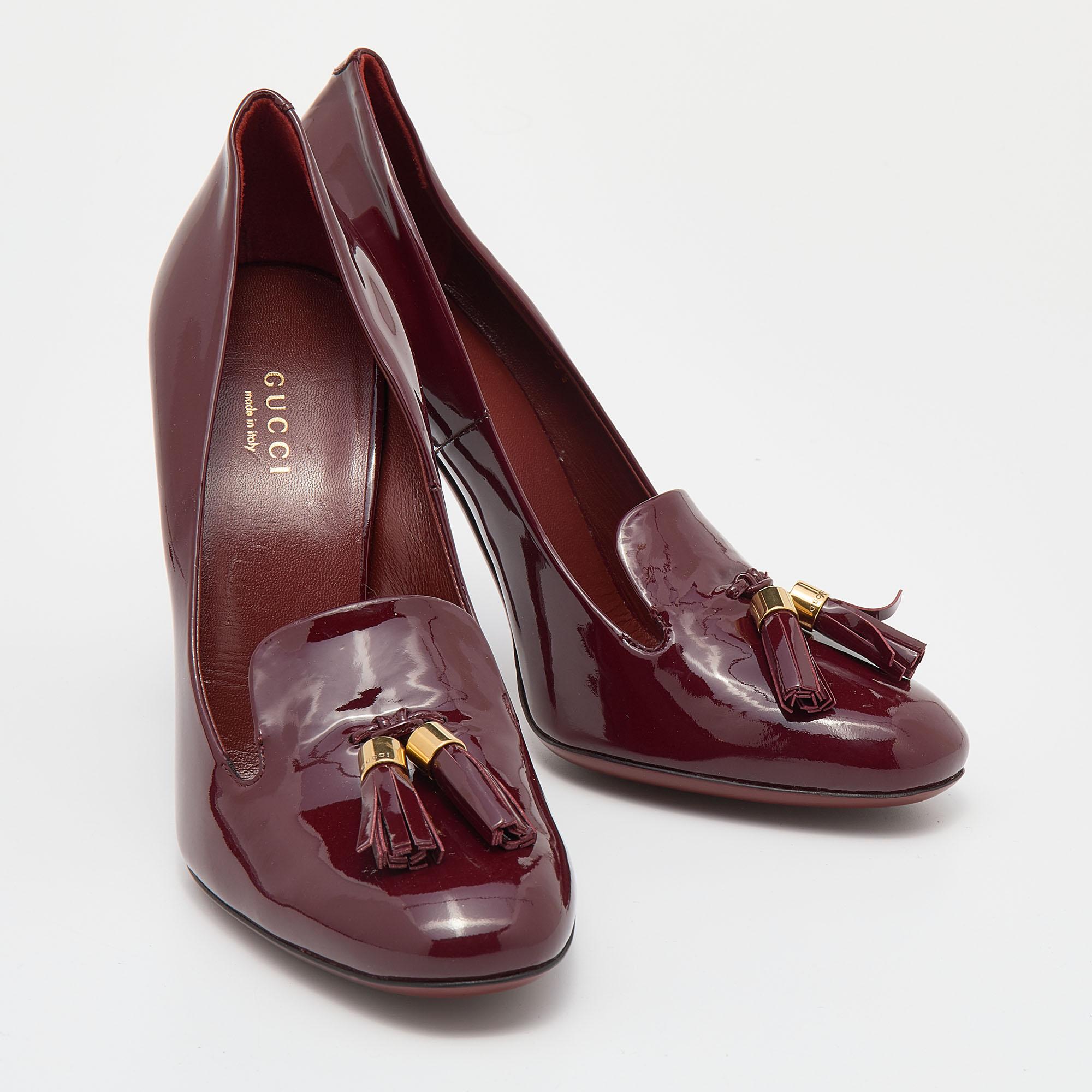 Black Gucci Burgundy Patent Leather Tassel Loafer Pumps Size 38.5