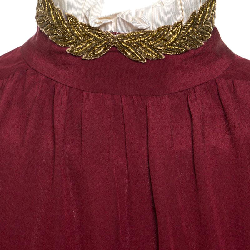 Brown Gucci Burgundy Silk Embellished Collar Ruffle Trim Shirt XL