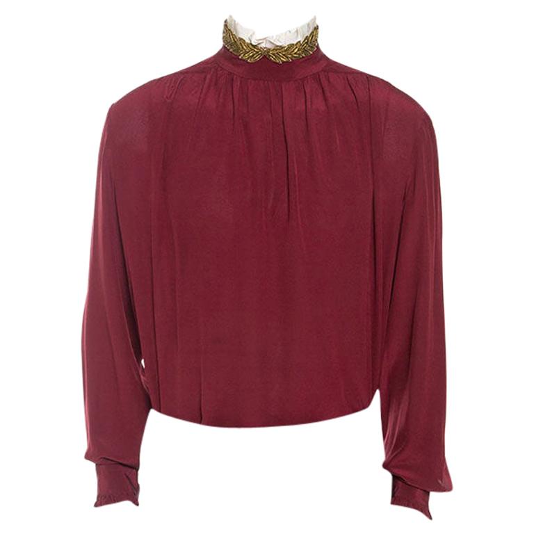 Gucci Burgundy Silk Embellished Collar Ruffle Trim Shirt XL