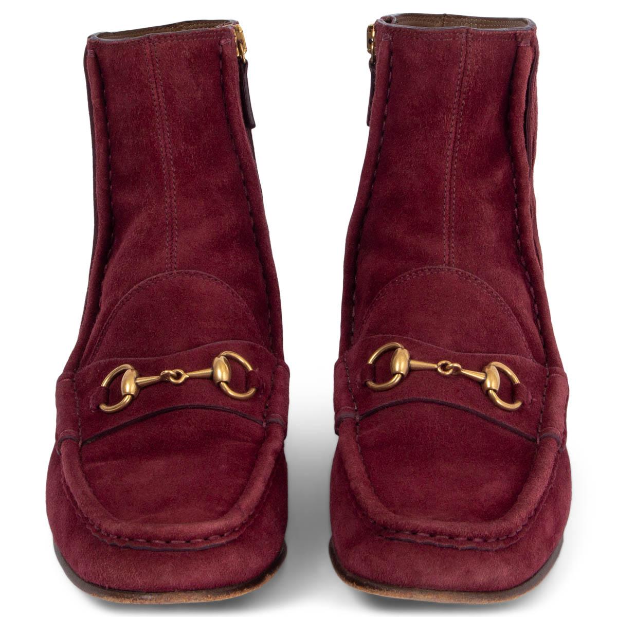 100% authentic Gucci 2014 fringed horsebit ankle boots in burgundy suede featuring antique gold-tone hardware. Open with a zipper on the inside. Have been worn and are in excellent condition. 

Measurements
Imprinted Size	37.5
Shoe Size	37.5
Inside