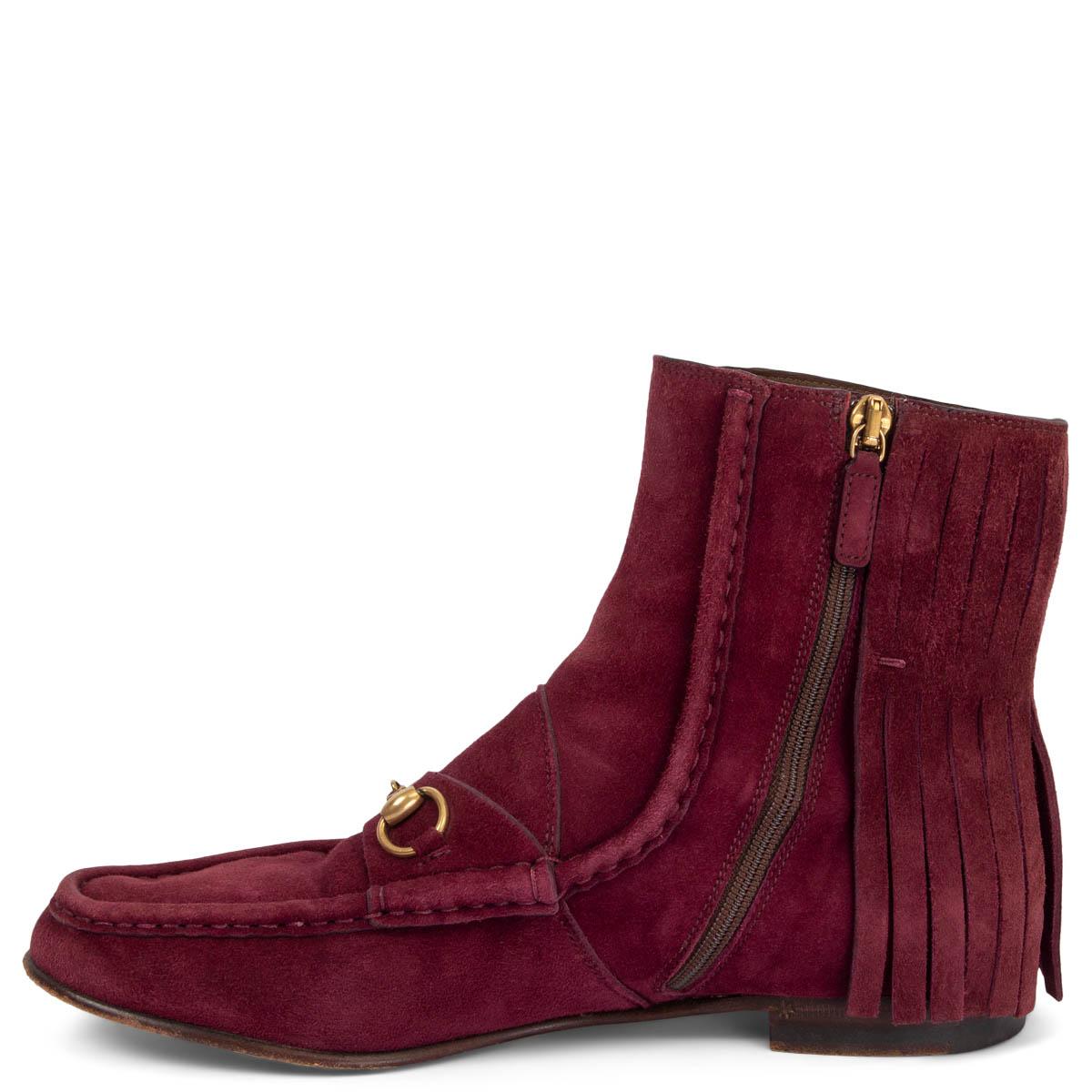 Red GUCCI burgundy suede 2014 FRINGED HORSEBIT LOAFER Boots Shoes 37.5 For Sale