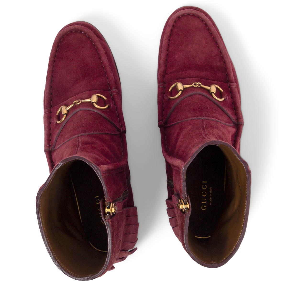 Women's GUCCI burgundy suede 2014 FRINGED HORSEBIT LOAFER Boots Shoes 37.5 For Sale