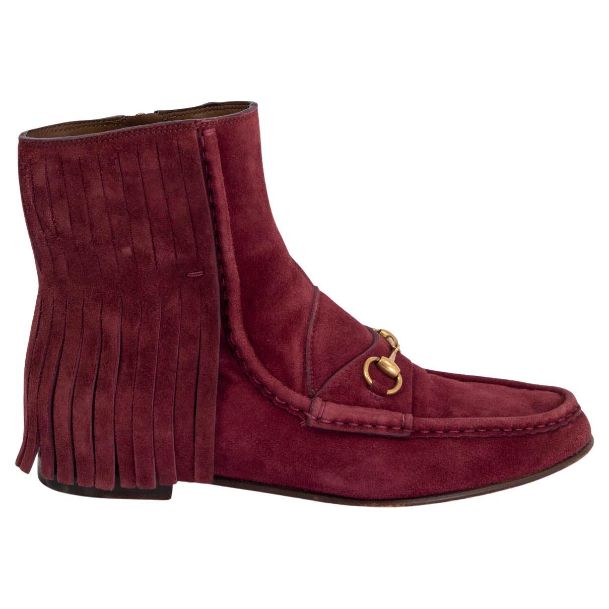 GUCCI burgundy suede 2014 FRINGED HORSEBIT LOAFER Boots Shoes 37.5 For Sale