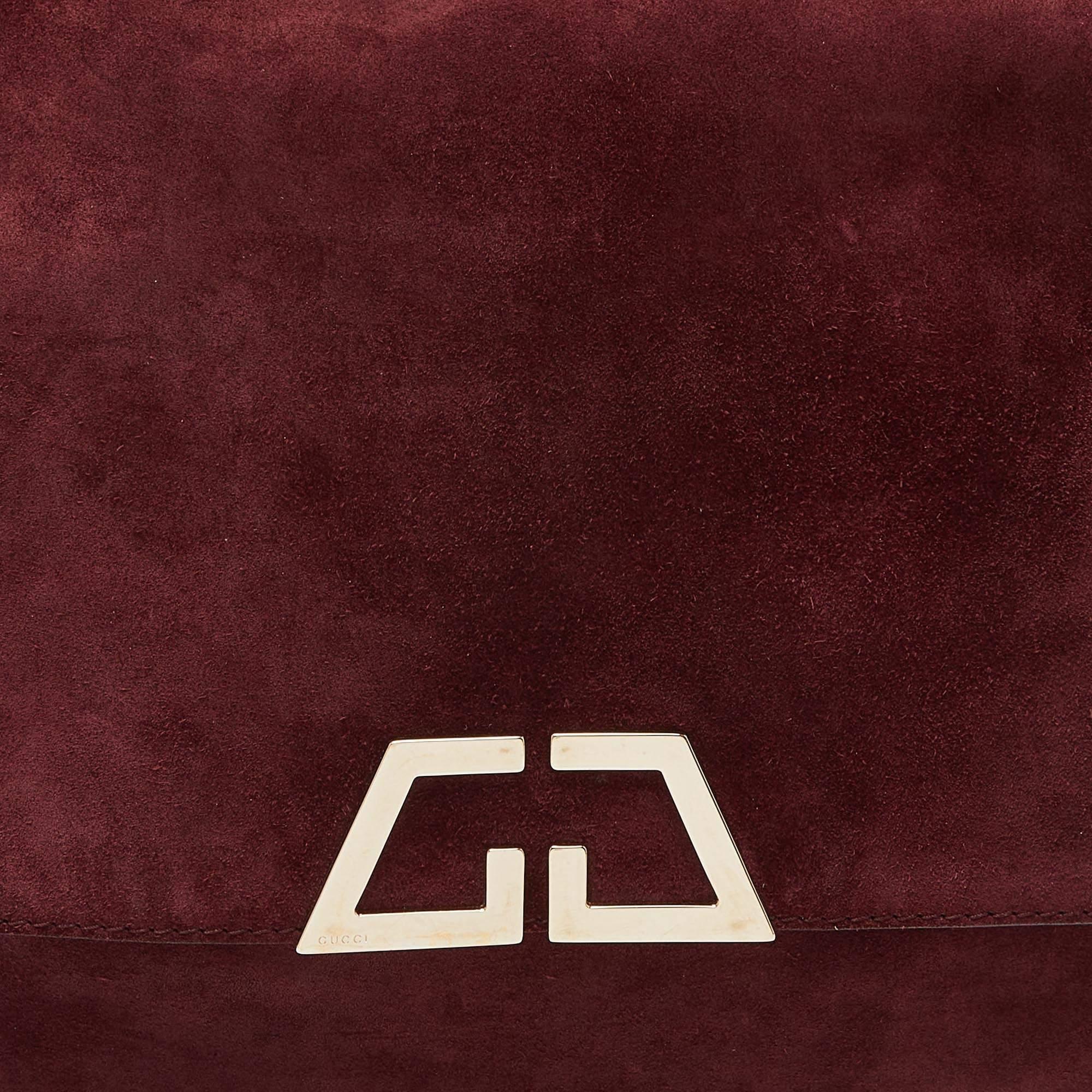 Gucci Burgundy Suede Double G Logo Flap Shoulder Bag 6