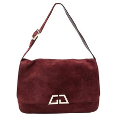 Gucci Burgundy Suede Double G Logo Flap Shoulder Bag