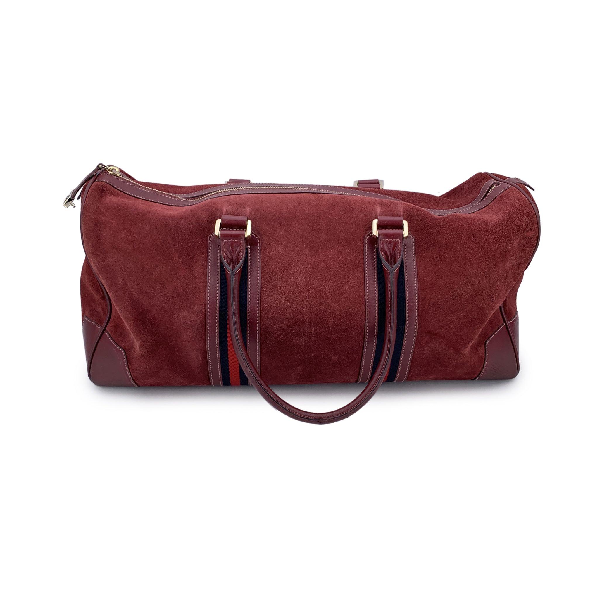 Brown Gucci Burgundy Suede Web Blue Red Stripes Duffle Travel Bag