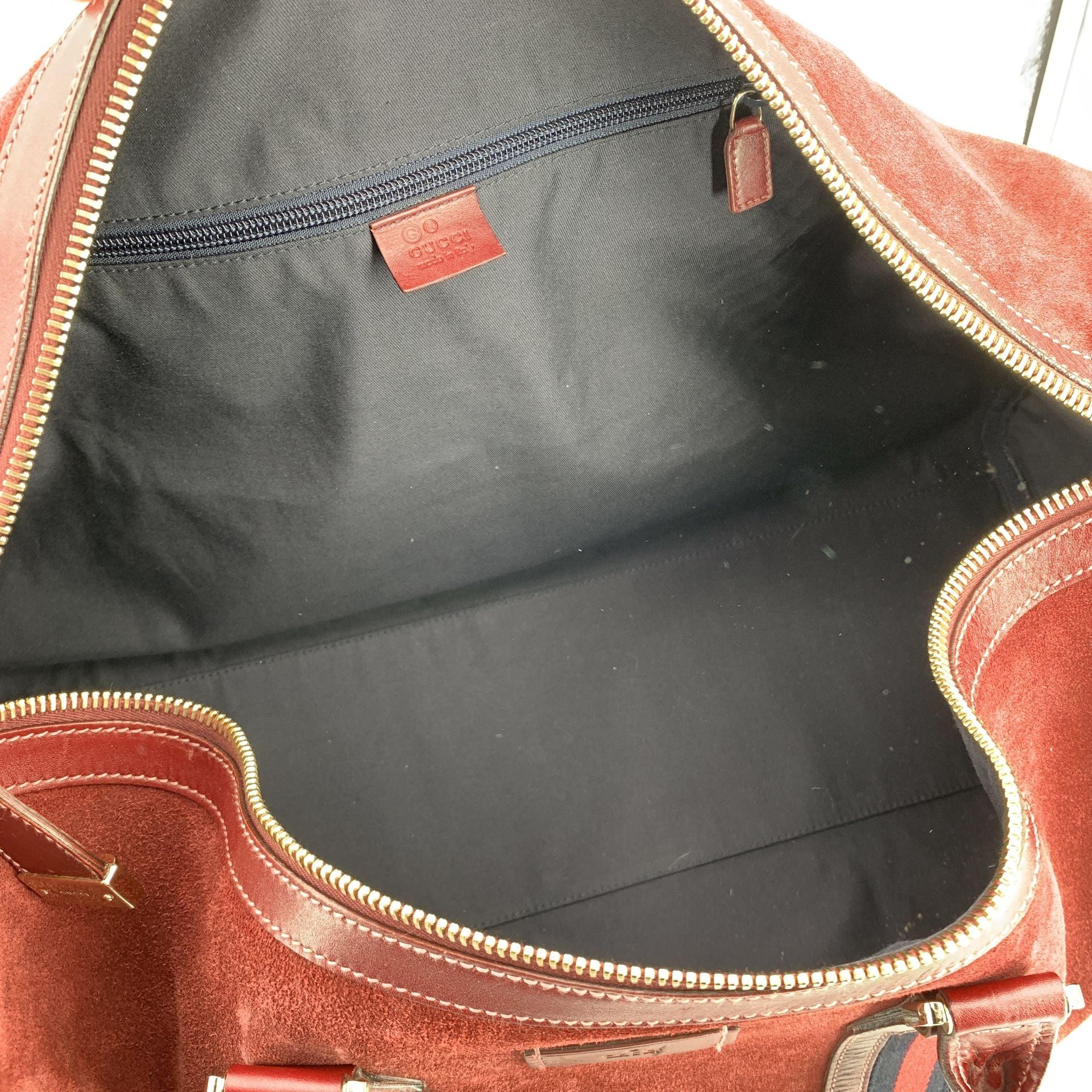 Gucci Burgundy Suede Web Blue Red Stripes Duffle Travel Bag In Good Condition In Rome, Rome
