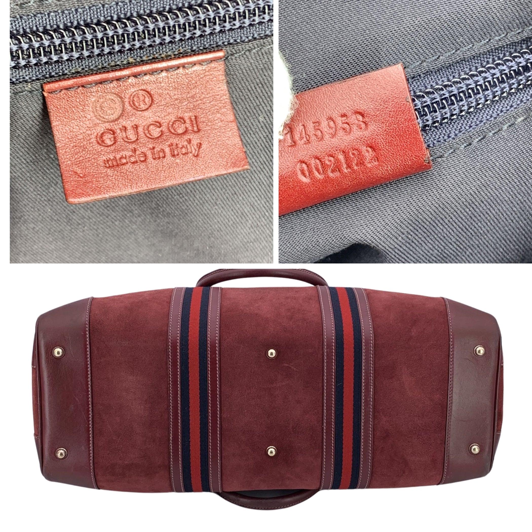 Women's or Men's Gucci Burgundy Suede Web Blue Red Stripes Duffle Travel Bag