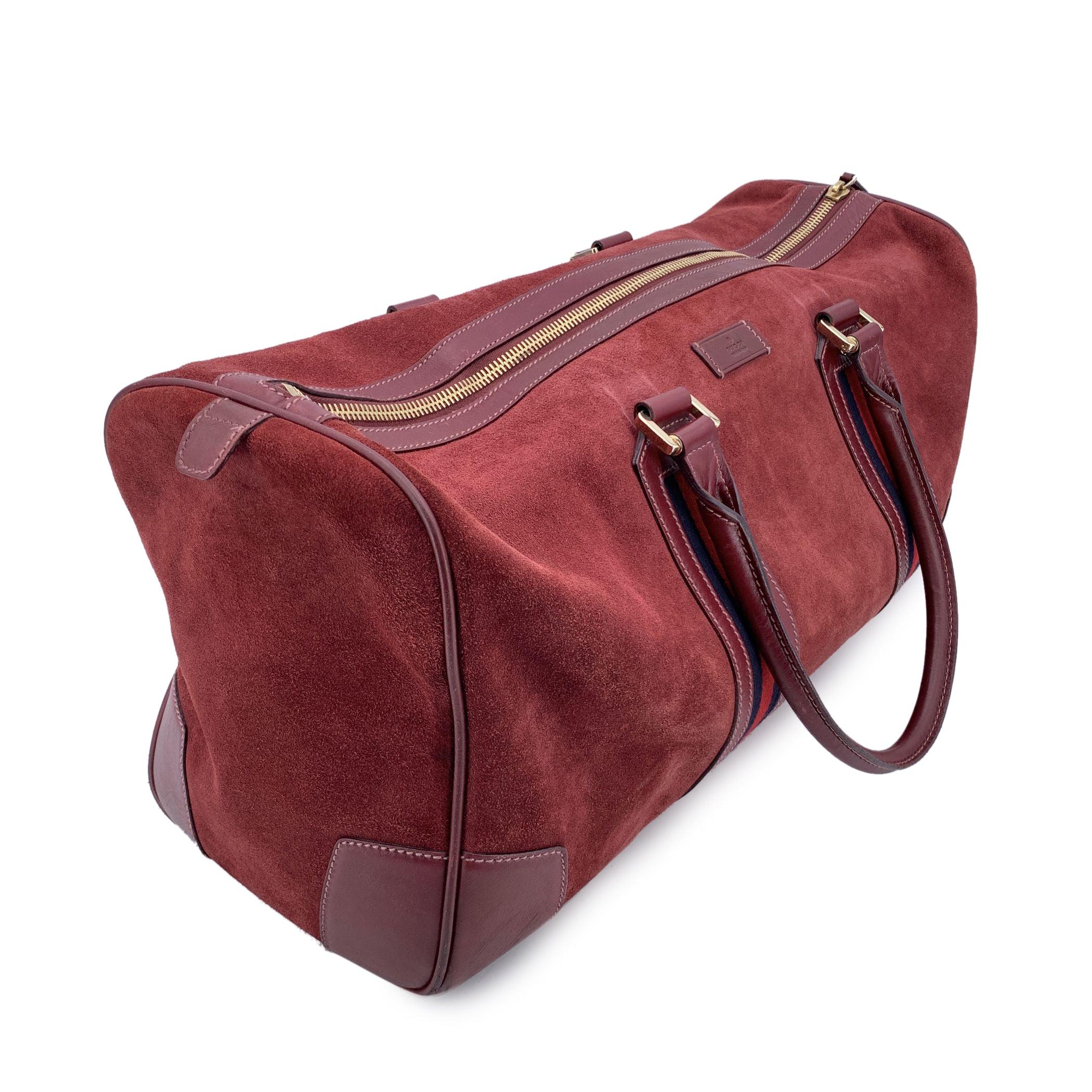 Gucci Burgundy Suede Web Blue Red Stripes Duffle Travel Bag 2