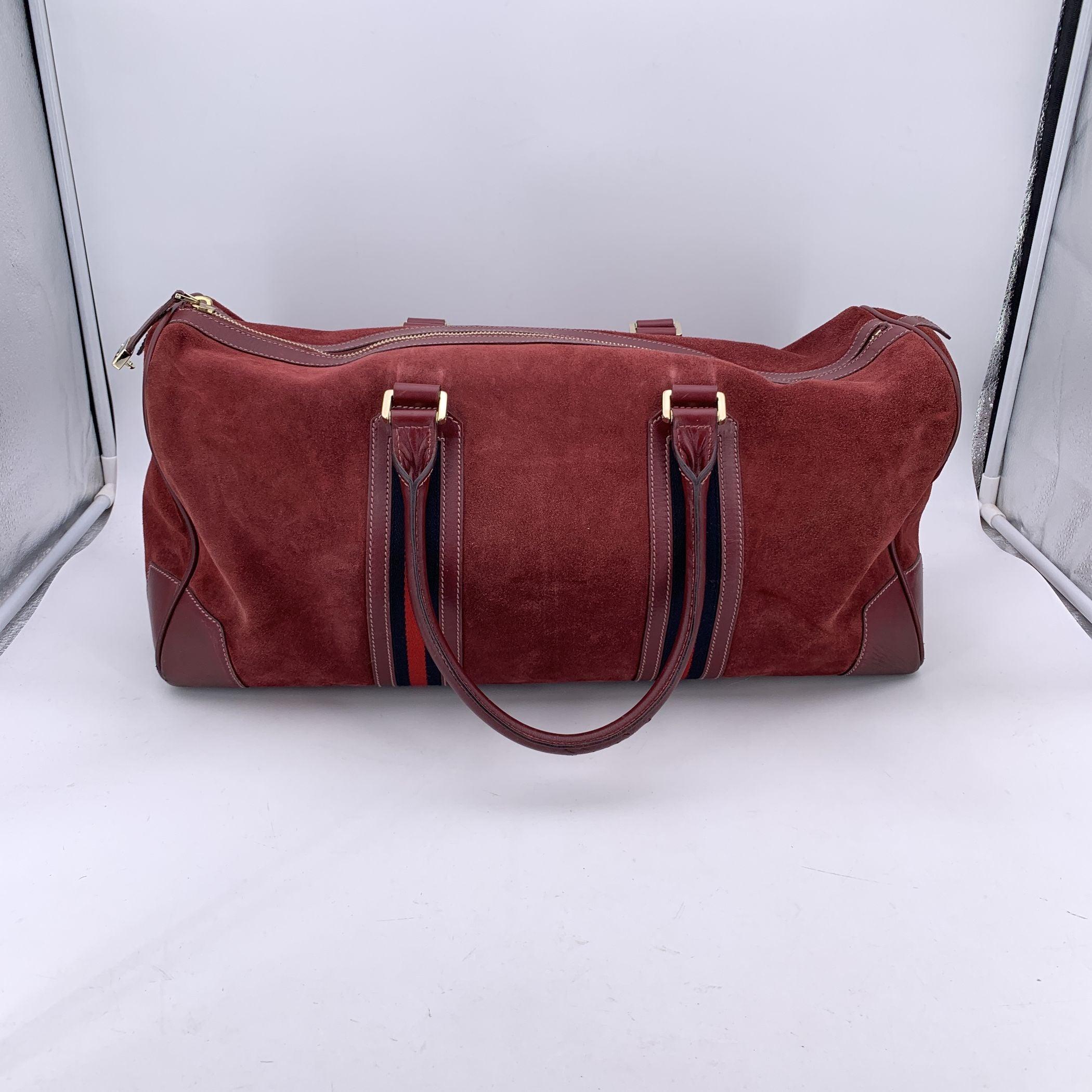 Gucci Burgundy Suede Web Blue Red Stripes Duffle Travel Bag 3