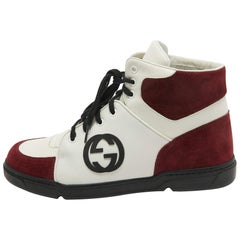 Gucci Burgunder/Weiß GG ineinandergreifende Leder-Spitzen- High Top-Turnschuhe Größe 42