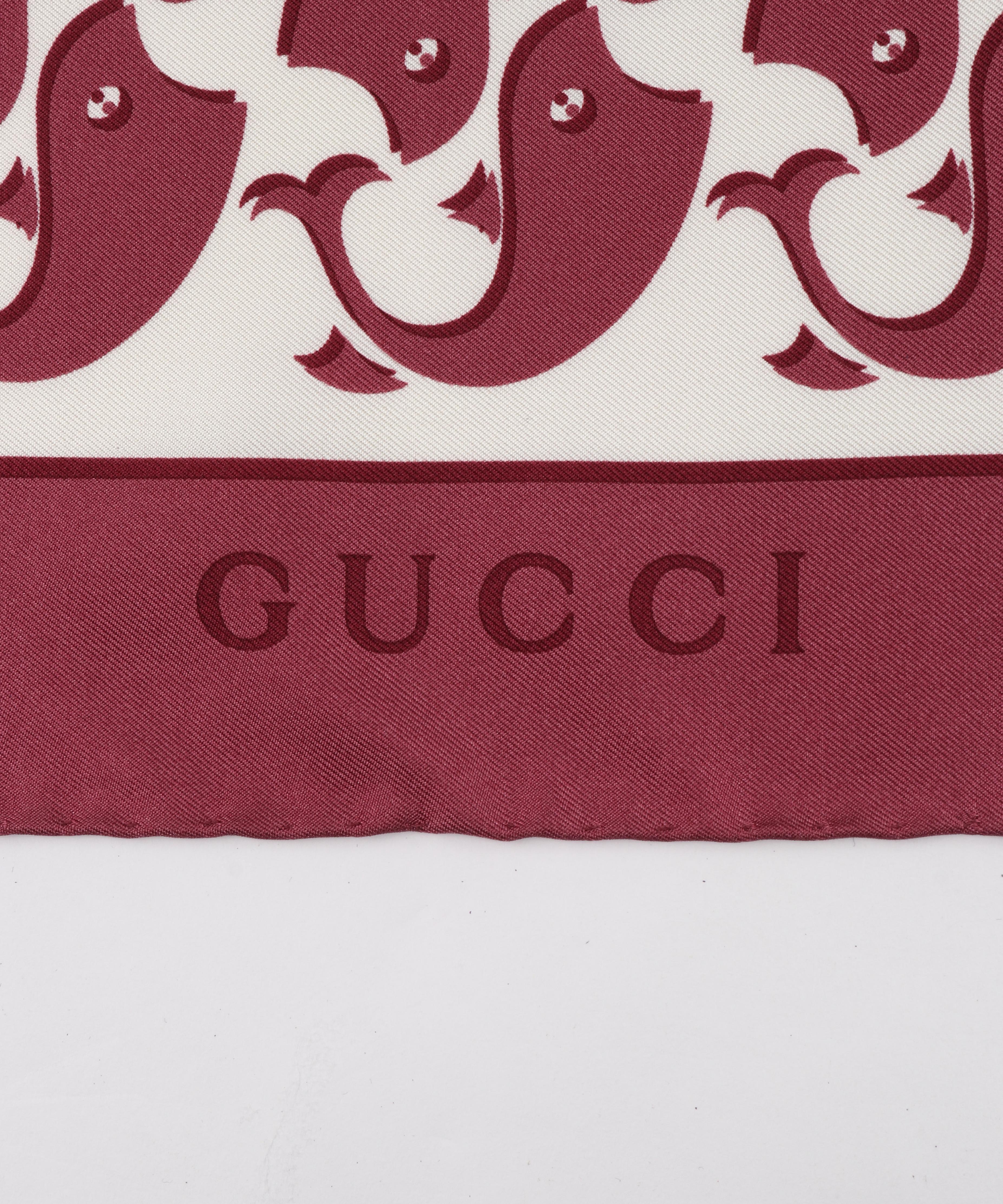 GUCCI Burgundy White Interlocking Whale GG Logo Motif Square Silk Scarf For Sale 2