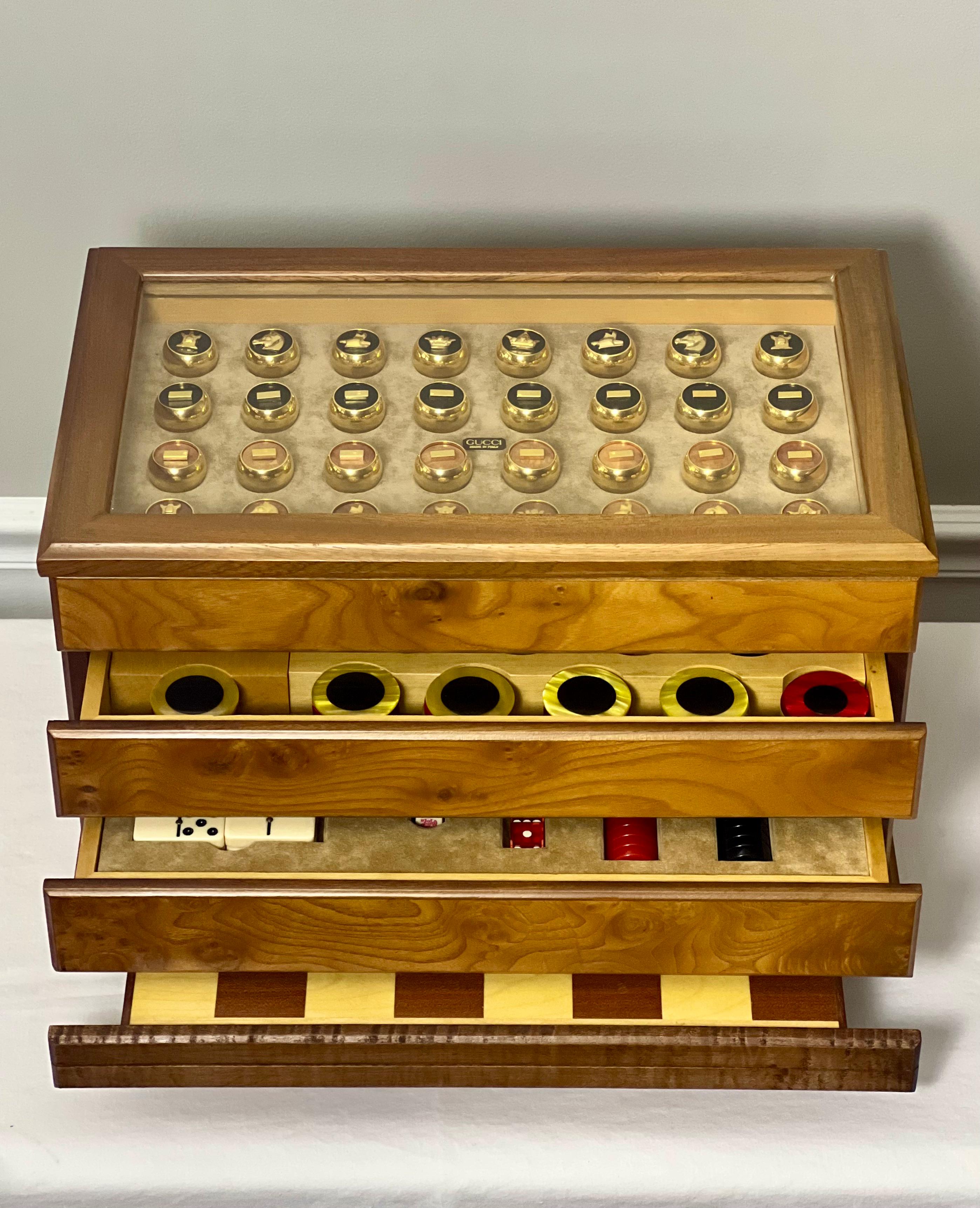 Gucci Burled Maple Table Games Chest with Glass Top For Sale 14