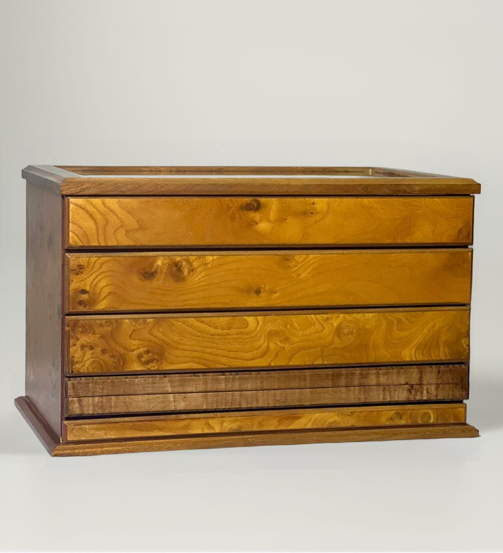 Italian Gucci Burled Maple Table Games Chest with Glass Top For Sale
