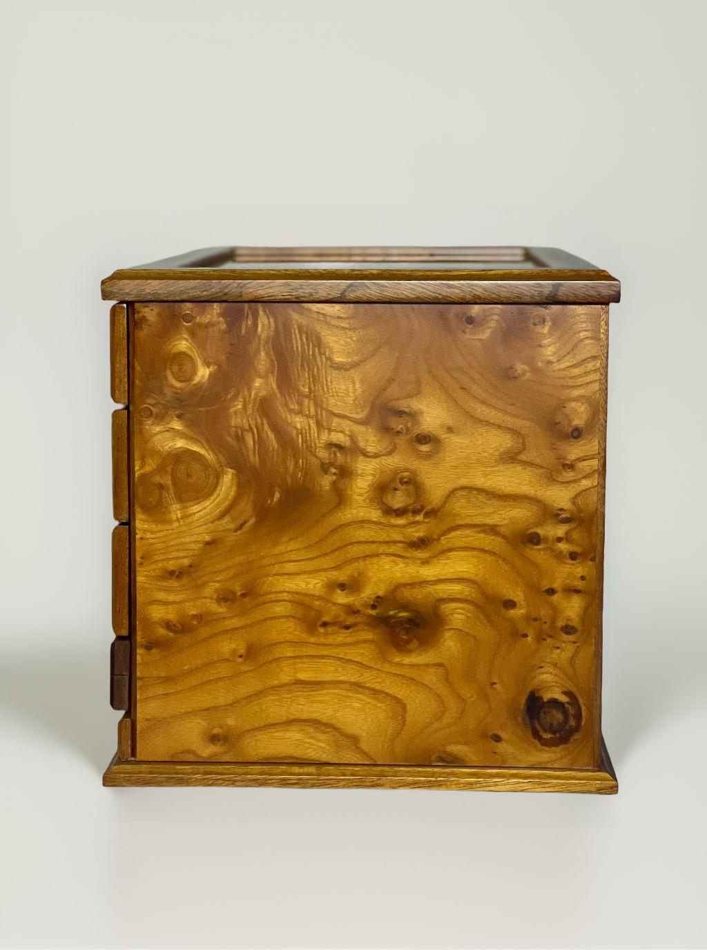 Brass Gucci Burled Maple Table Games Chest with Glass Top For Sale