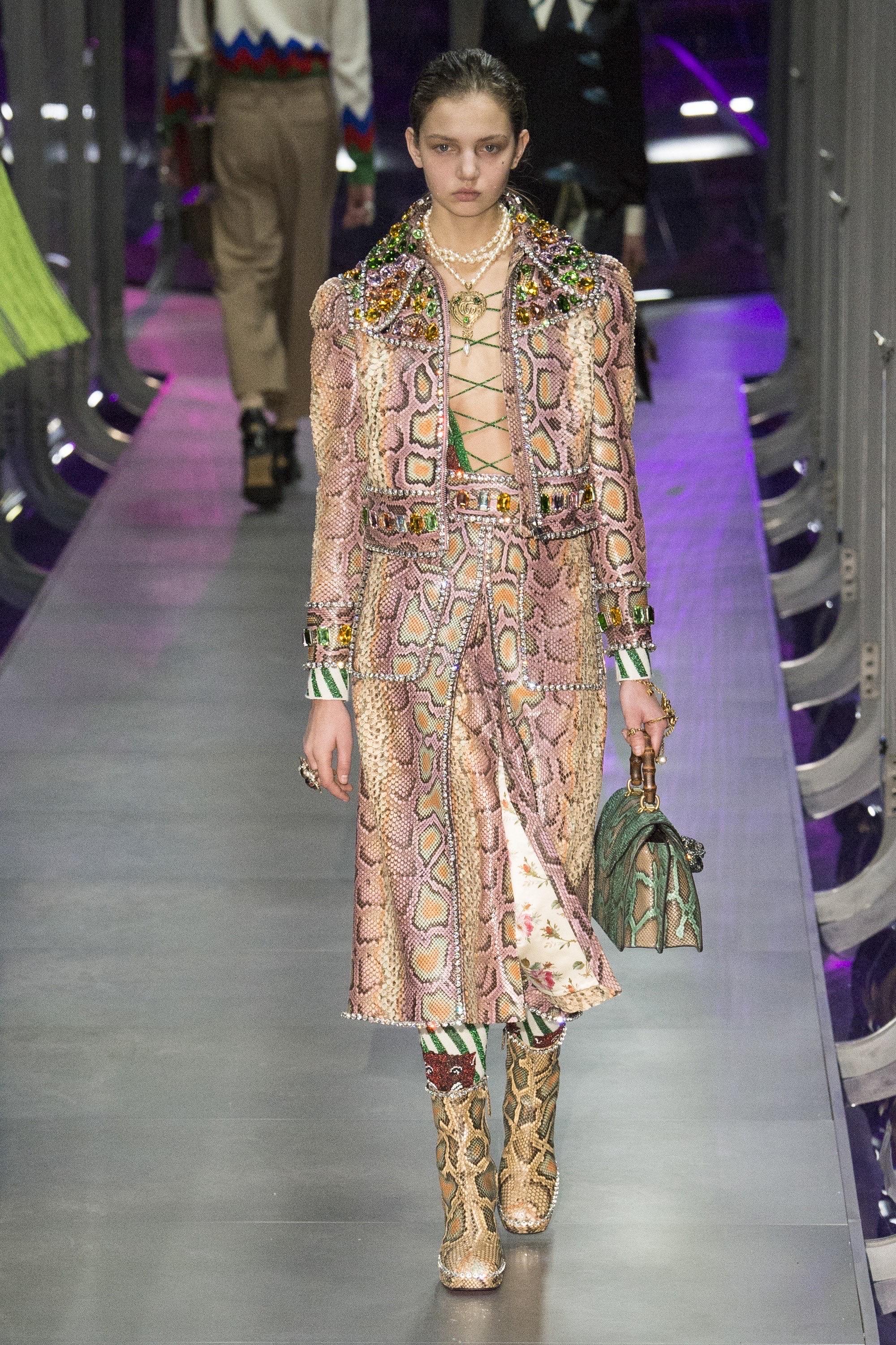 Brown Gucci by Alessandro Michele Runway Fall/Winter 2017 Python skin crystals skirt For Sale