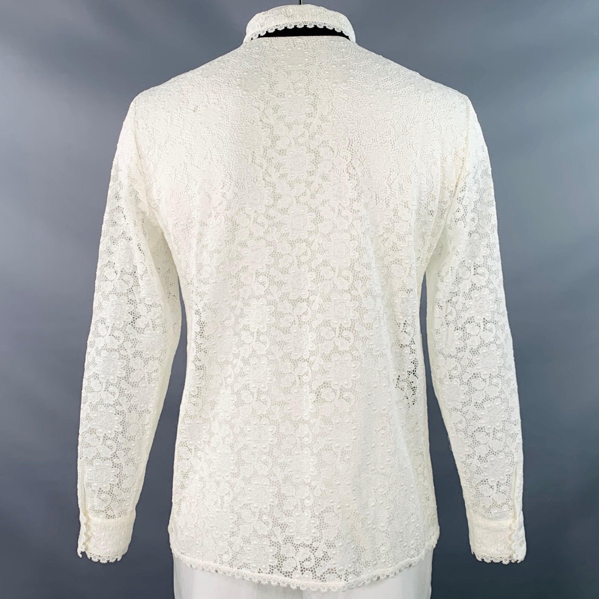 GUCCI by ALESSANDRO MICHELE Size L White Macrame Lace Cotton Blend Bow Long Sleeve Shirt (Chemise à manches longues avec nœud) Bon état - En vente à San Francisco, CA
