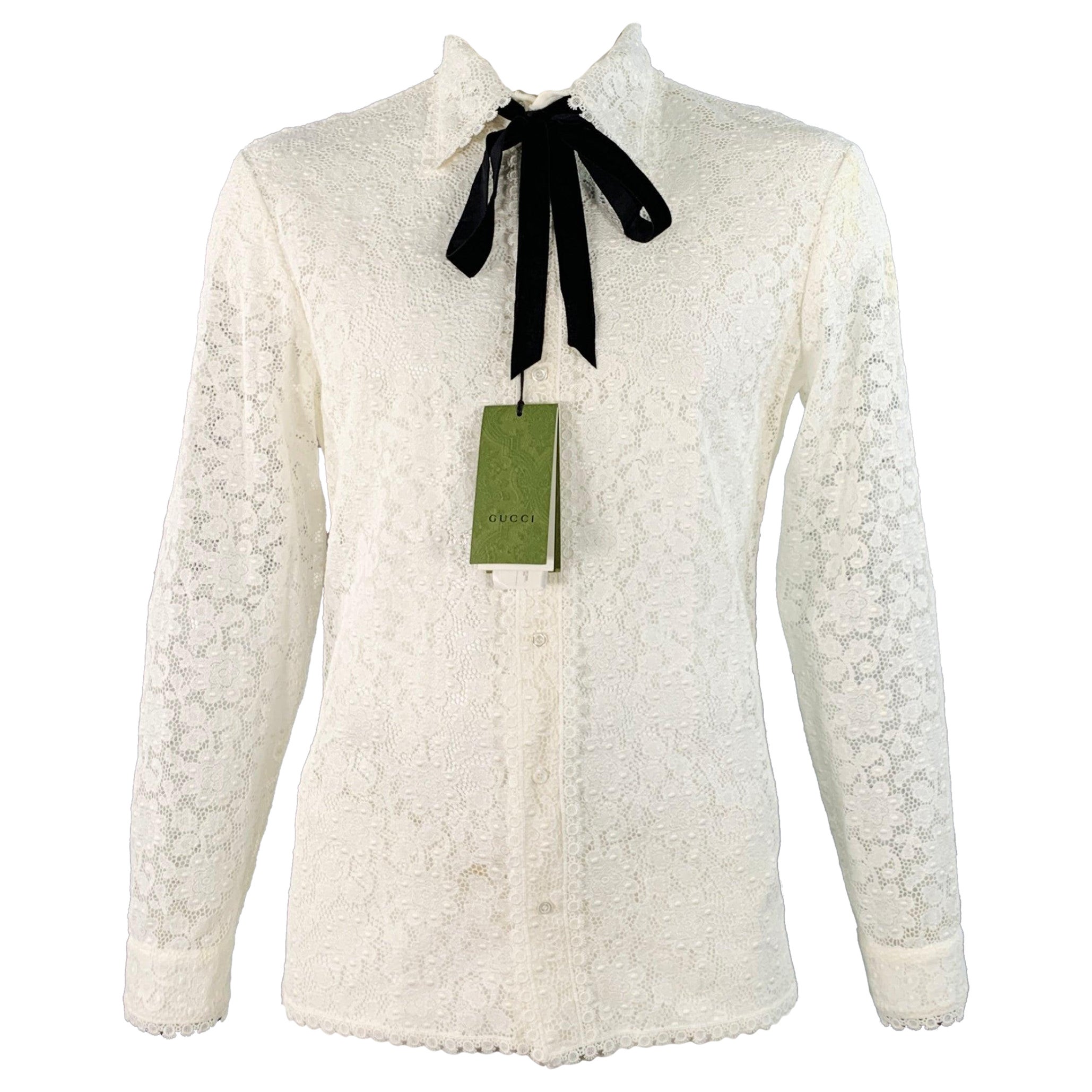 GUCCI by ALESSANDRO MICHELE Größe L Weiß Makramee-Spitze Baumwollmischung Schleife Langarmhemd