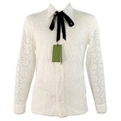 GUCCI by ALESSANDRO MICHELE Größe L Weiß Makramee-Spitze Baumwollmischung Schleife Langarmhemd