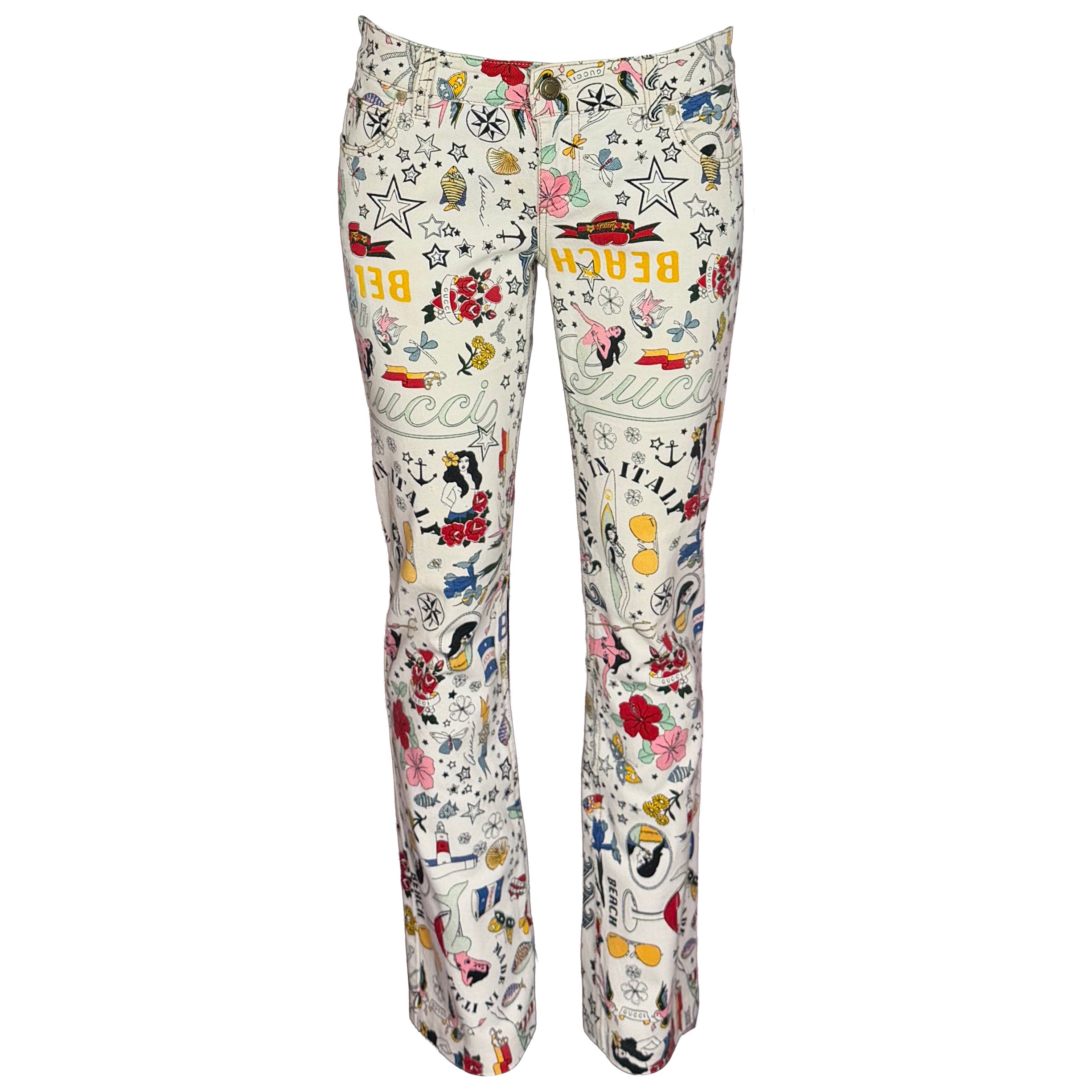 Gucci by Frida Giannini 2008 Tattoo Printed White Denim Logo Jeans