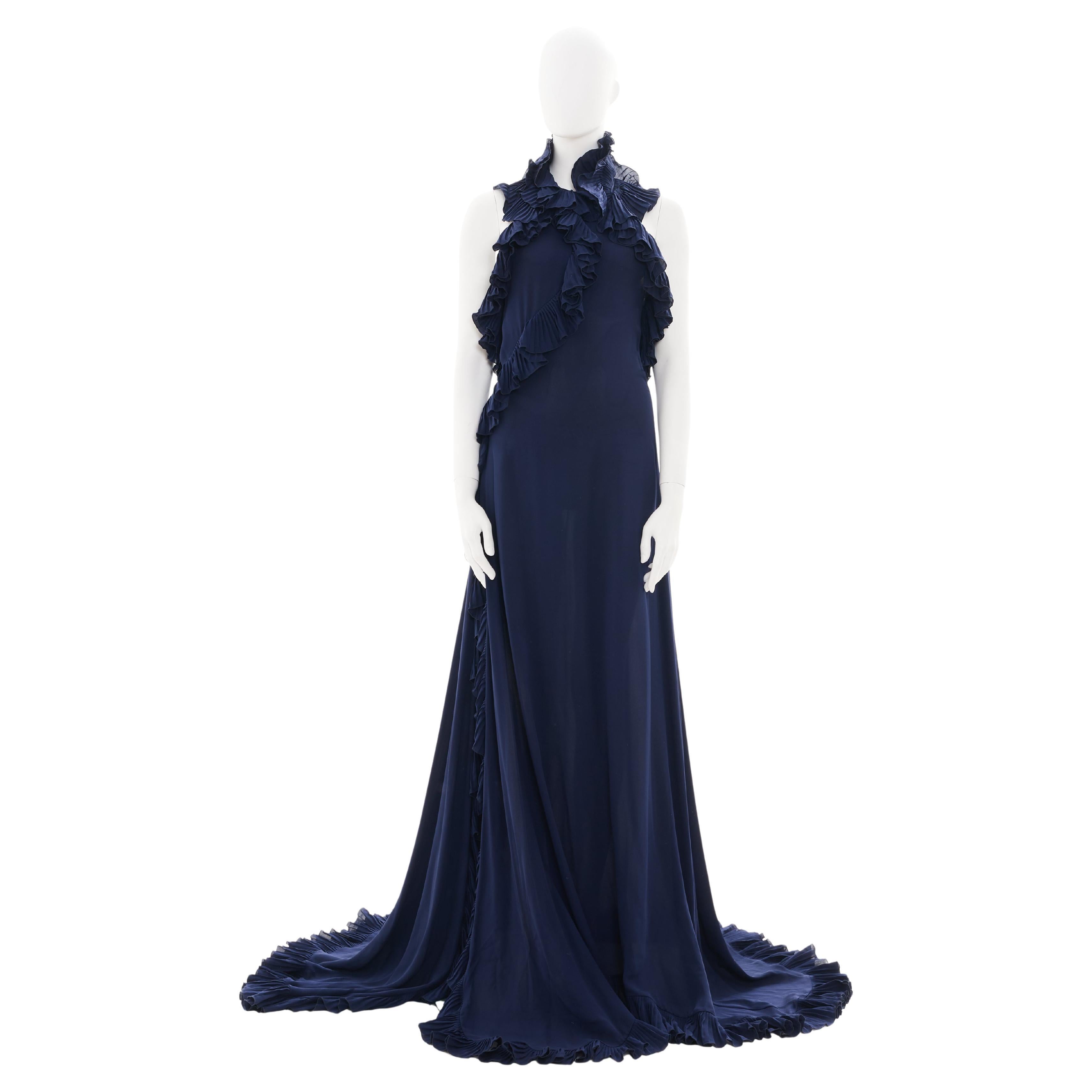 Gucci by Frida Giannini F/W 2012 Blue Silk Ruffle Evening Dress For Sale
