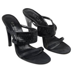 Gucci by Tom Ford 1990s Black Silk Leather Embellished Heeled Sandals Size 37, 5