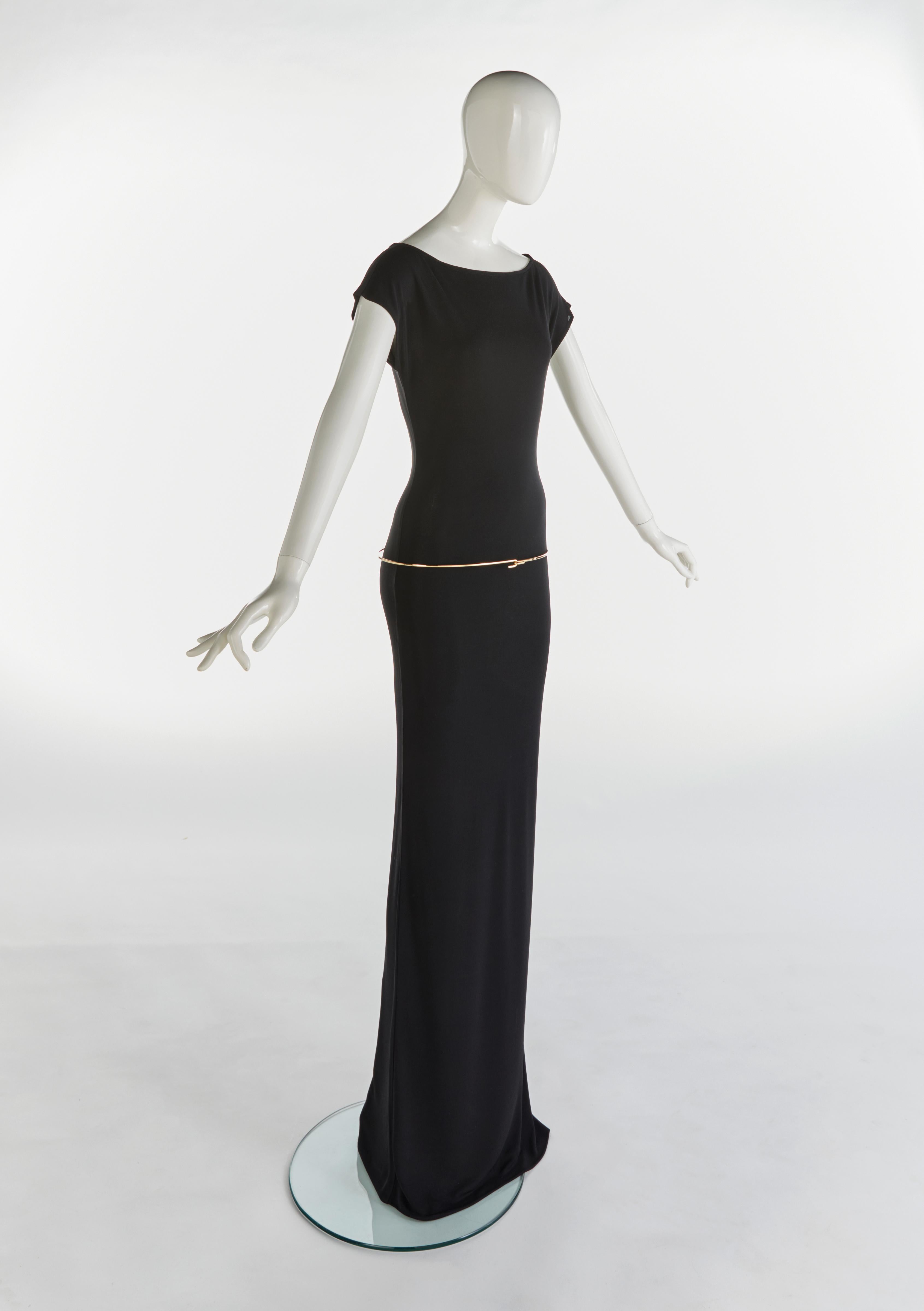 Gucci by Tom Ford 1997 Vestido Negro Semi-Transparente Extra Largo Cinturón con Gancho Ilusorio en Excelente Estado en Baar, CH