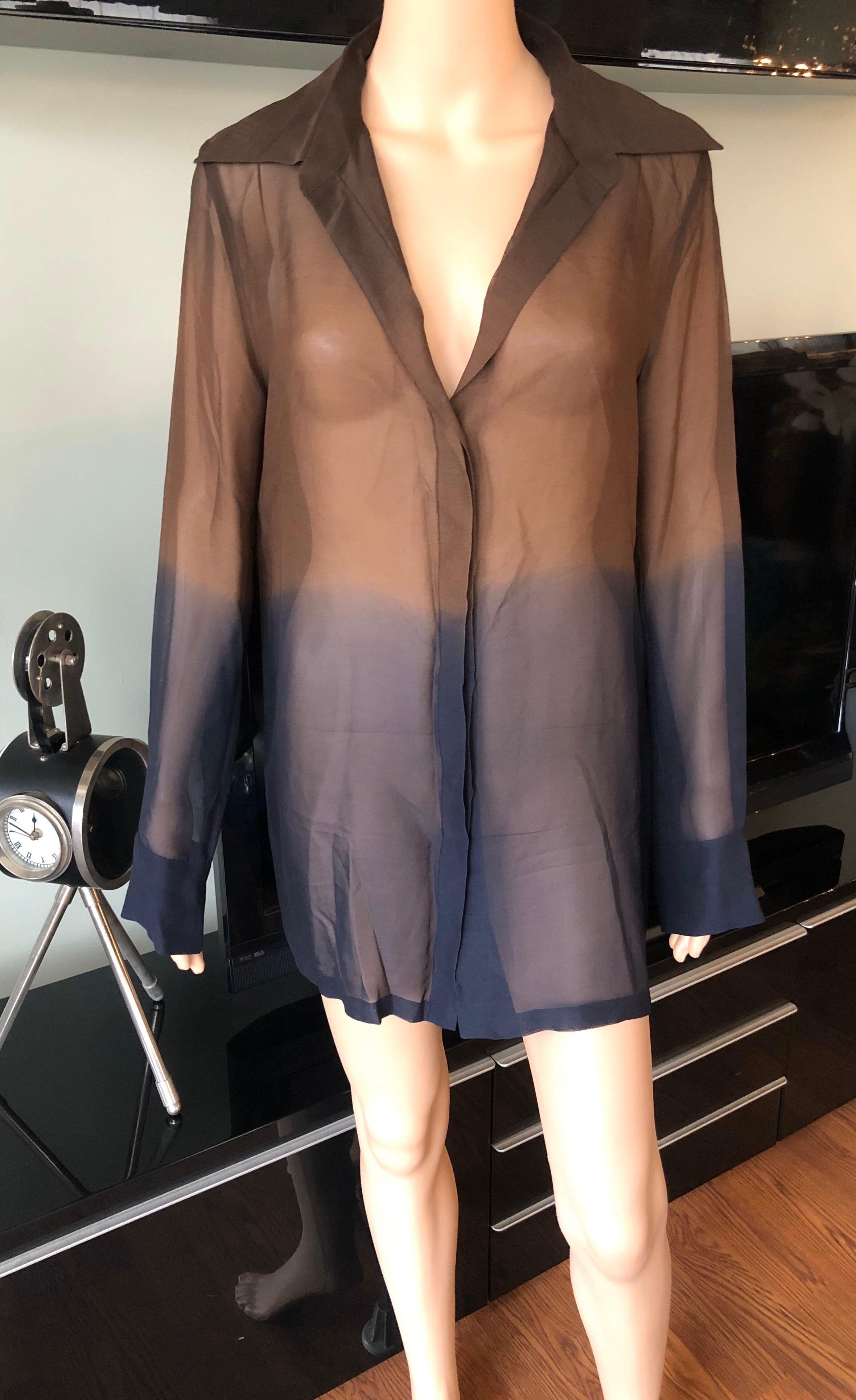 Gray Gucci by Tom Ford 1997 Vintage Sheer Brown & Blue Ombre Silk Tunic Top For Sale