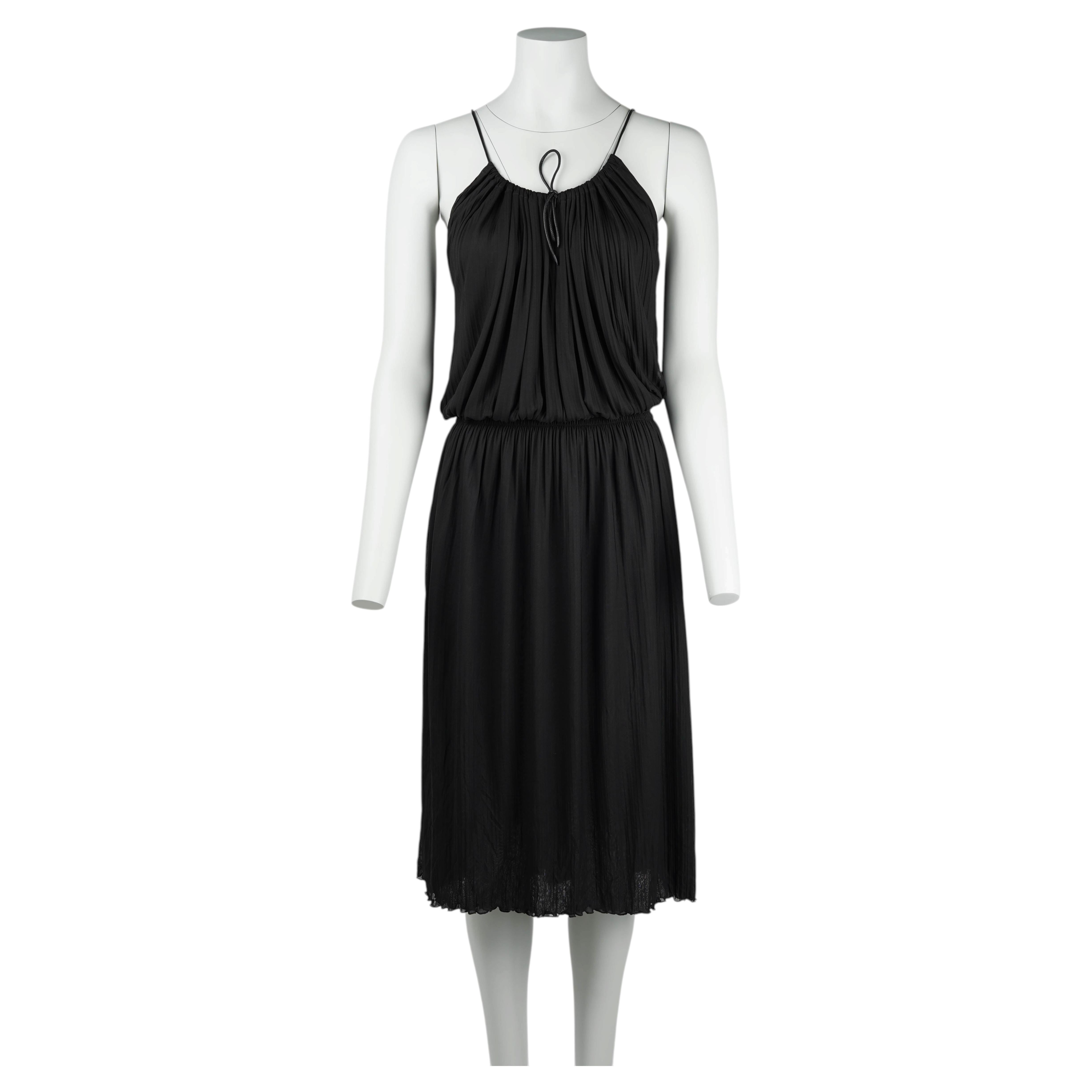 Gucci by Tom Ford 2000 Black Silk Cupro Gathered Dress Leather Strap Detail IT40