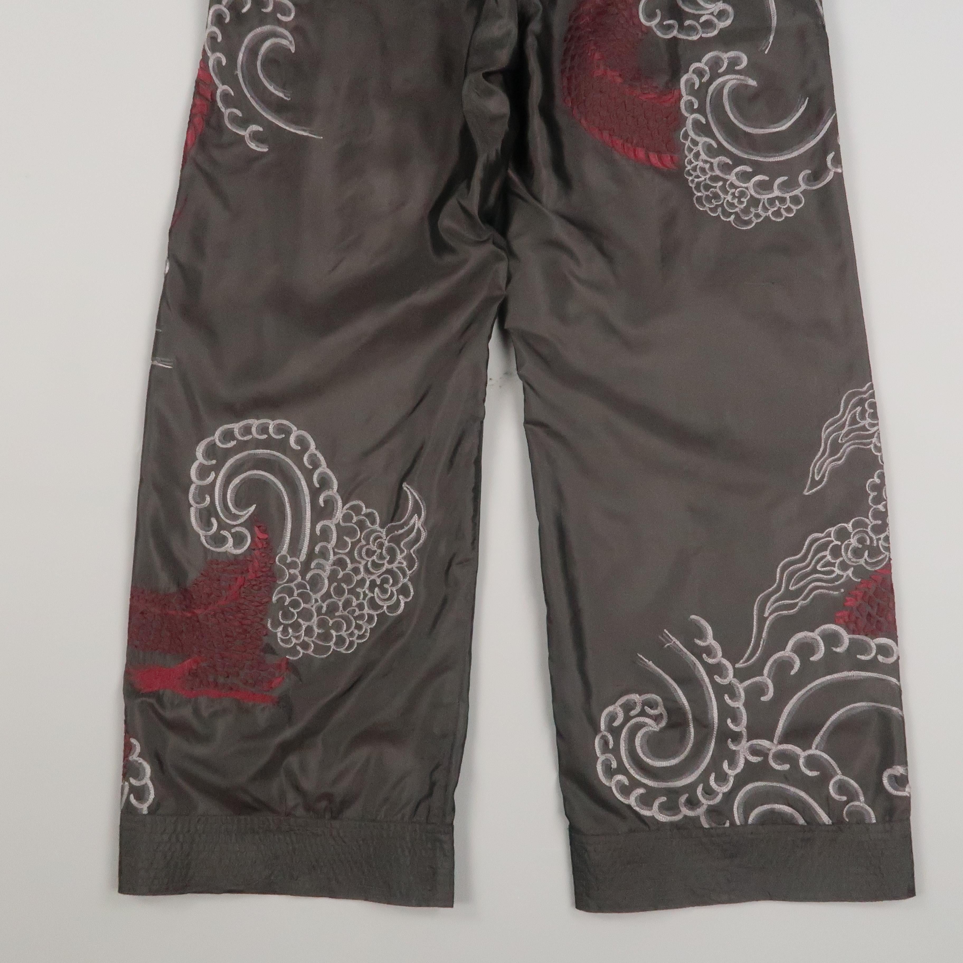 GUCCI by TOM FORD 2001 L Black Dragon Embroidered Silk Wide Leg Karate Pants 6