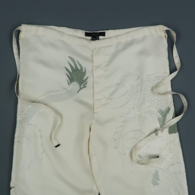 GUCCI by TOM FORD 2001 XL Red Dragon Embroidered Silk Wide Leg Karate Pants main image 1
