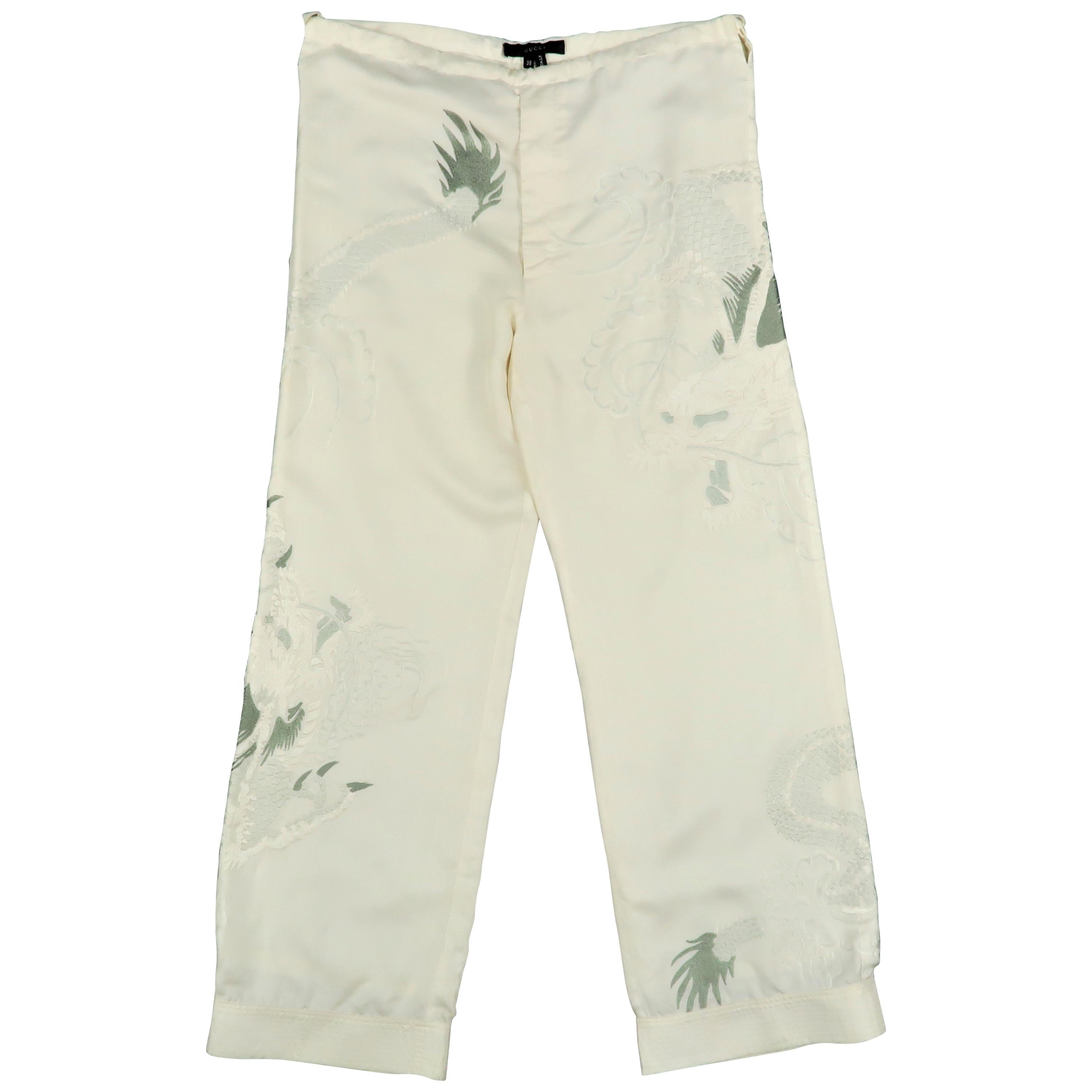 GUCCI by TOM FORD 2001 M Cream Dragon Embroidered Silk Wide Leg Karate Pants