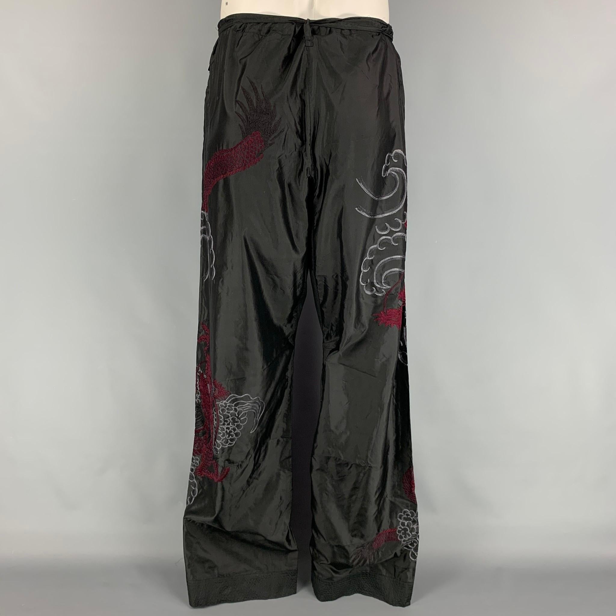 Men's GUCCI by TOM FORD 2001 XL Black Dragon Embroidered Silk Wide Leg Karate Pants