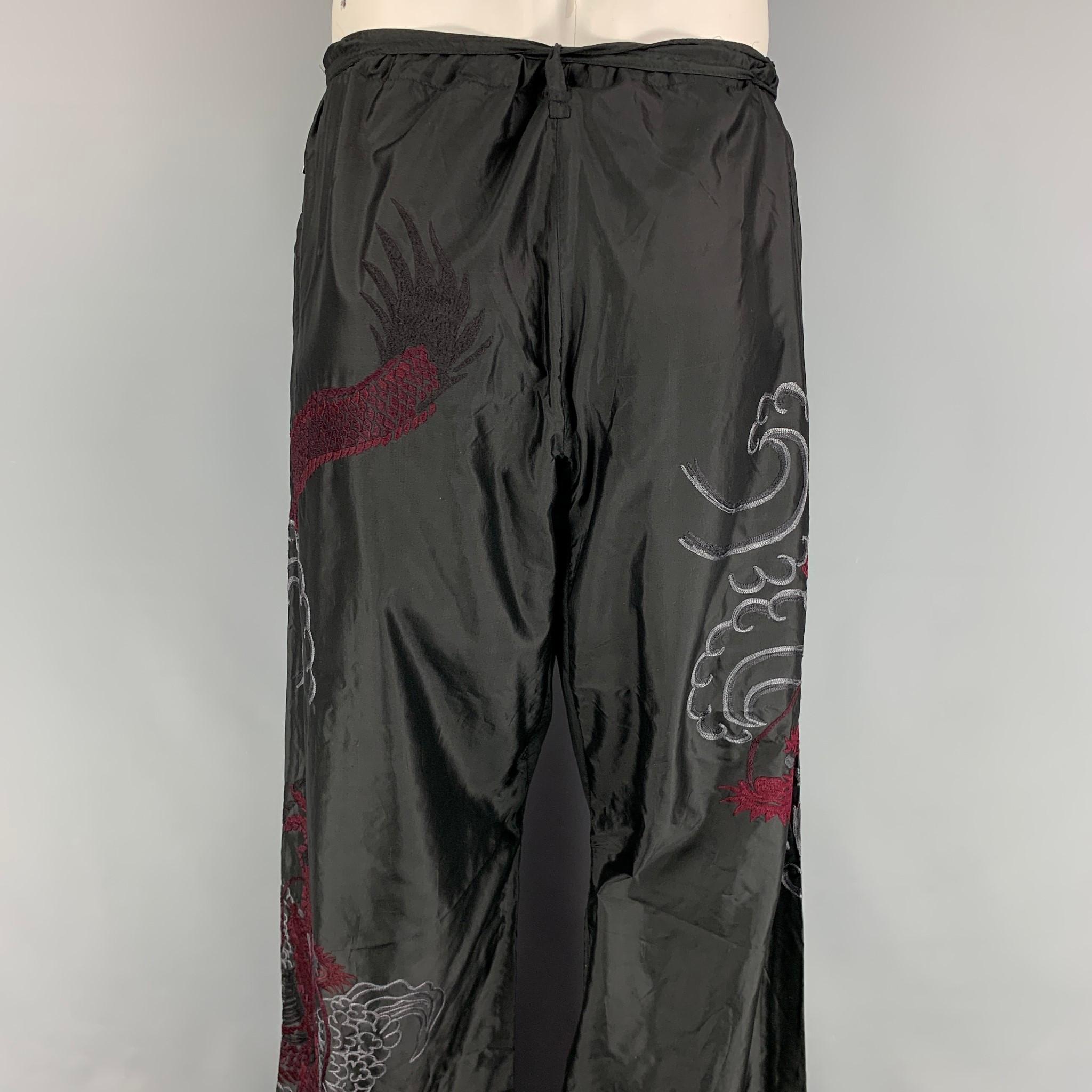 GUCCI by TOM FORD 2001 XL Black Dragon Embroidered Silk Wide Leg Karate Pants 2