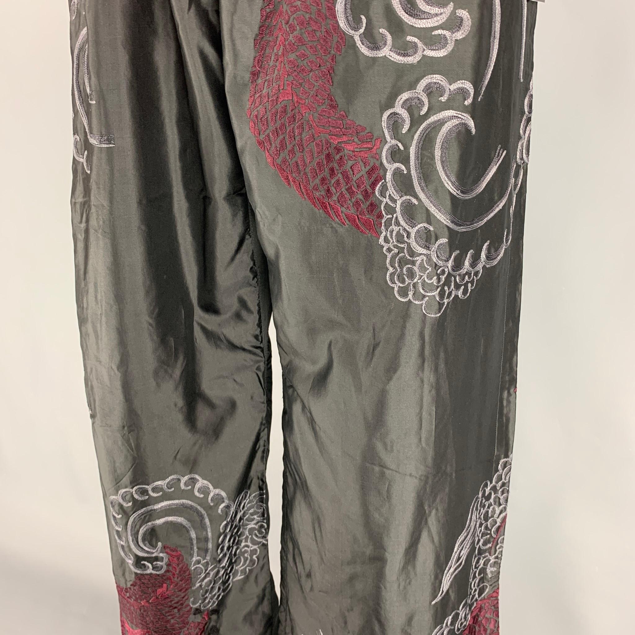 GUCCI by TOM FORD 2001 XL Black Dragon Embroidered Silk Wide Leg Karate Pants 3