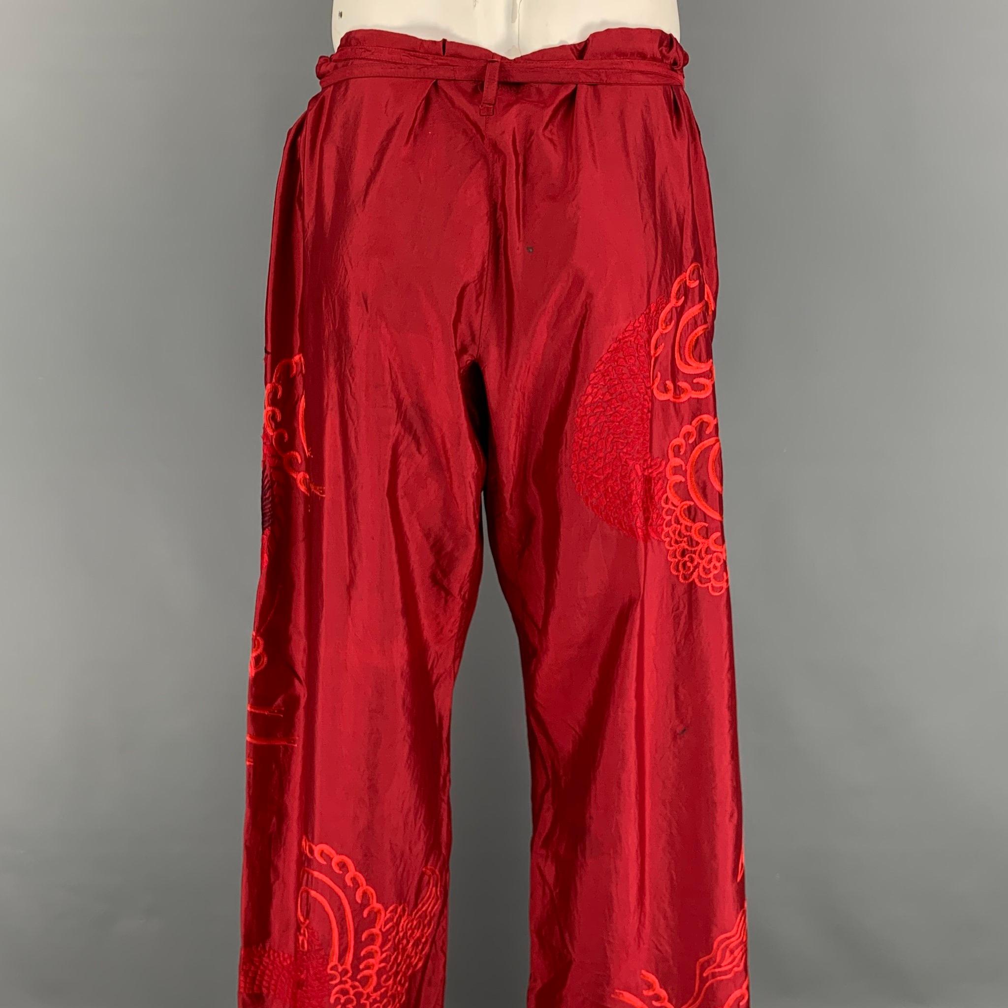 Men's GUCCI by TOM FORD 2001 XL Red Dragon Embroidered Silk Wide Leg Karate Pants