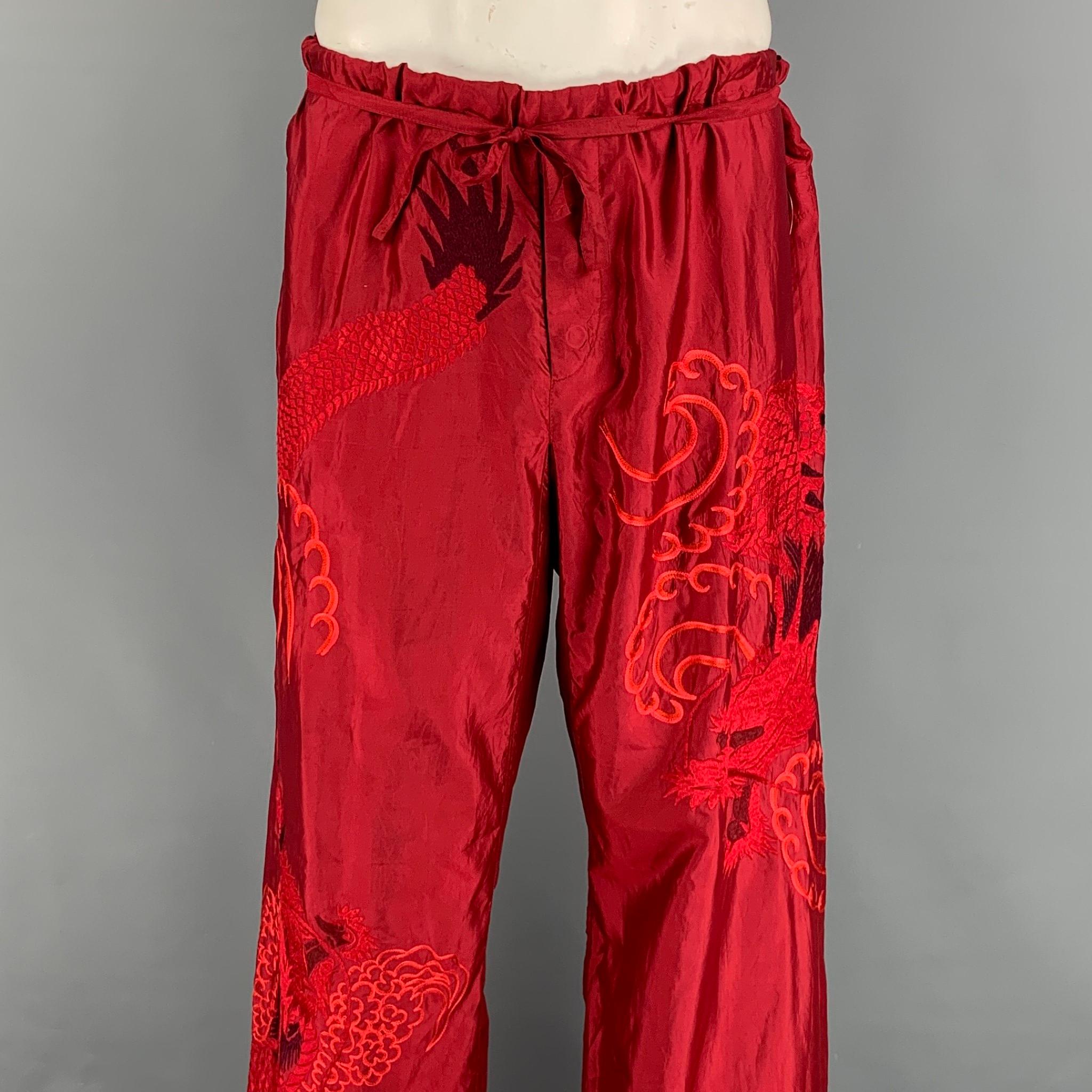 GUCCI by TOM FORD 2001 XL Red Dragon Embroidered Silk Wide Leg Karate Pants 1