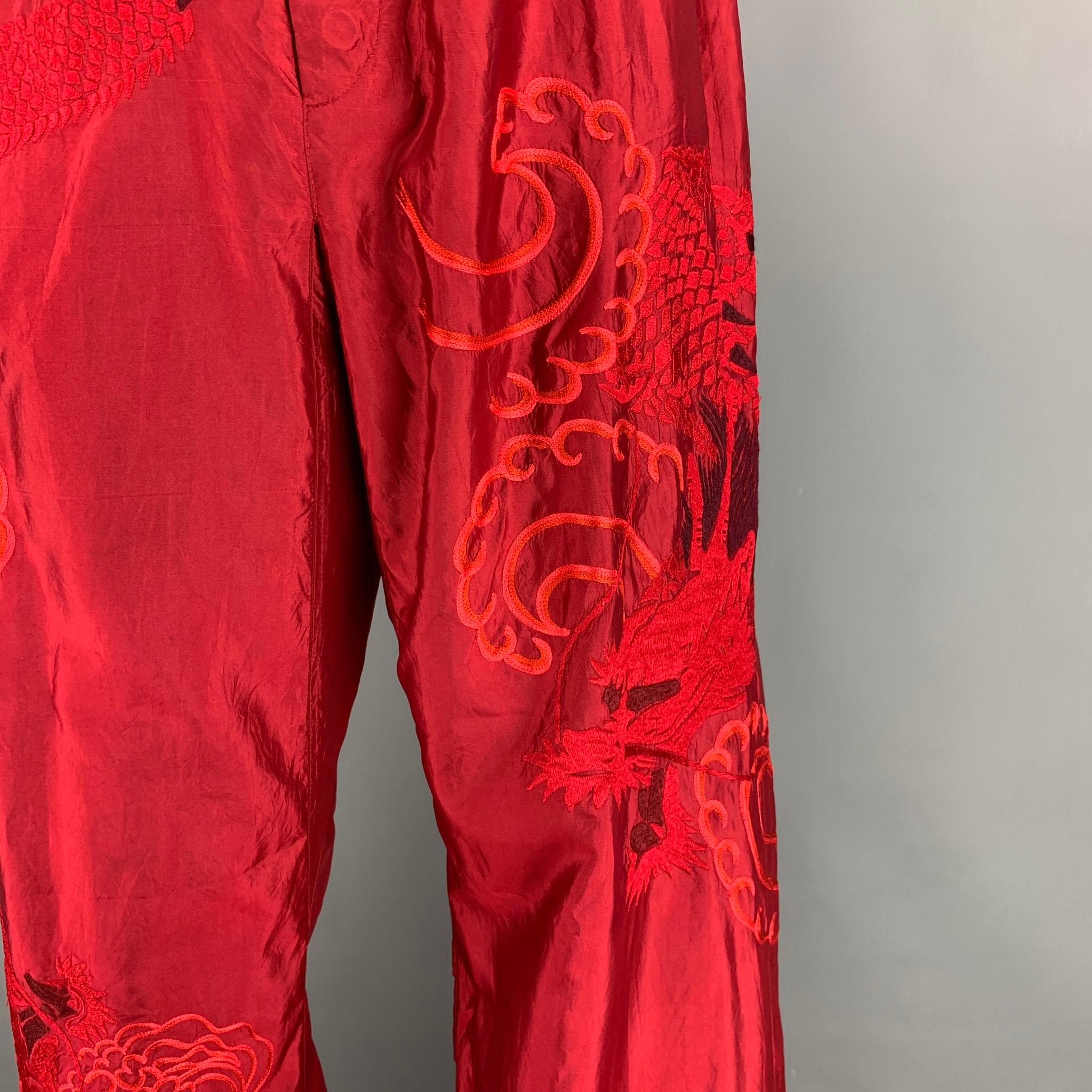 GUCCI by TOM FORD 2001 XL Red Dragon Embroidered Silk Wide Leg Karate Pants 2