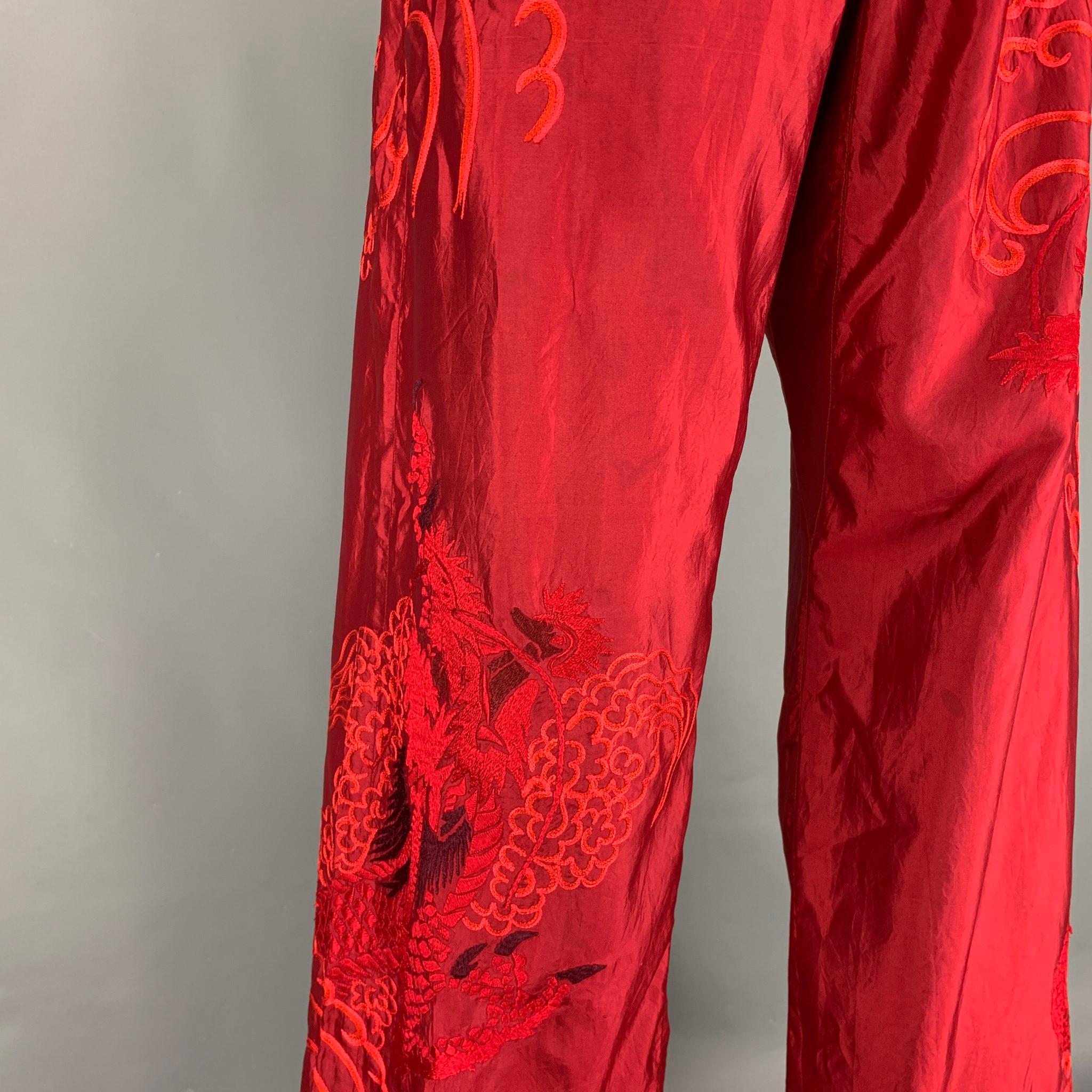 GUCCI by TOM FORD 2001 XL Red Dragon Embroidered Silk Wide Leg Karate Pants 3