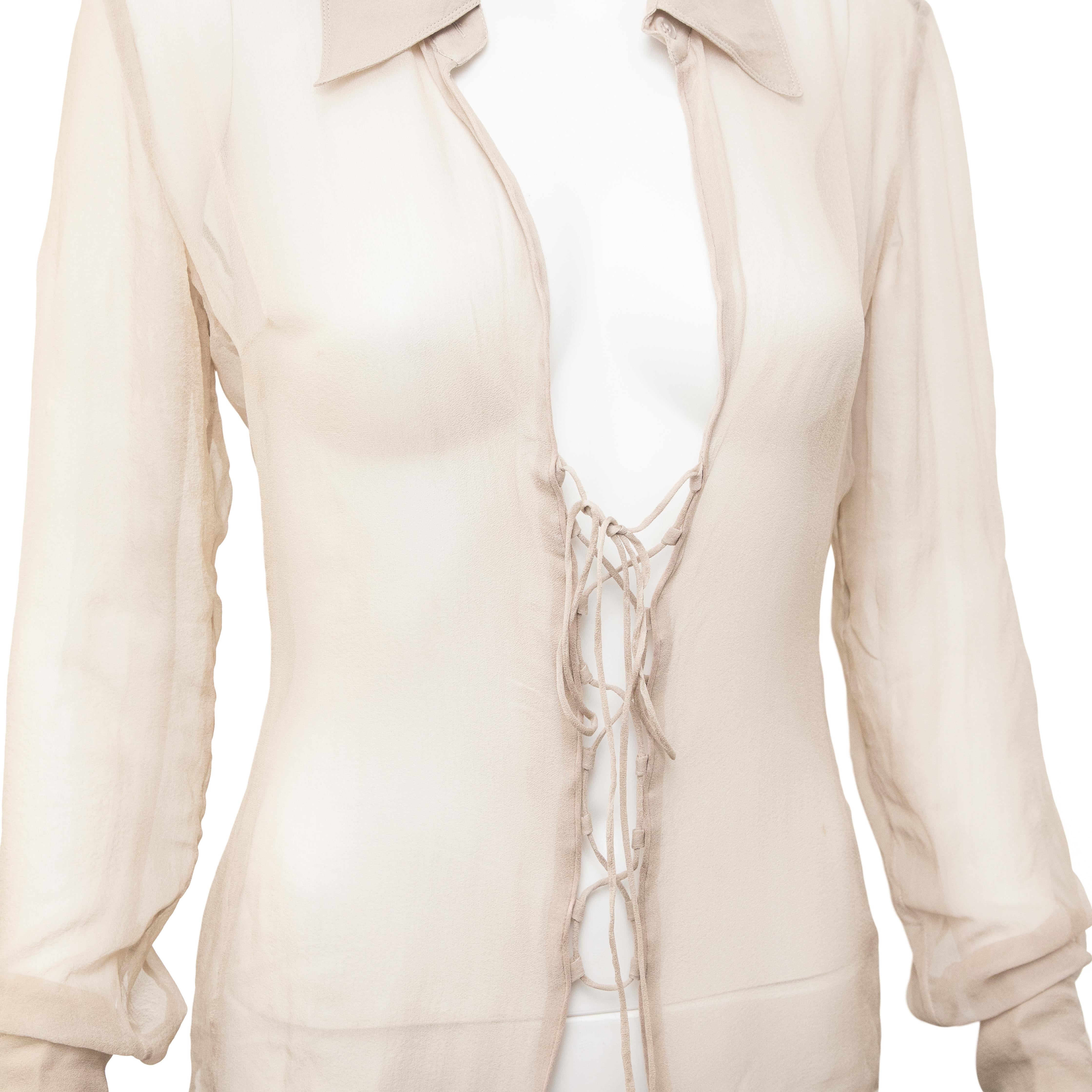 Gray Gucci by Tom Ford 2002 Chiffon Lace Up Shirt size 40