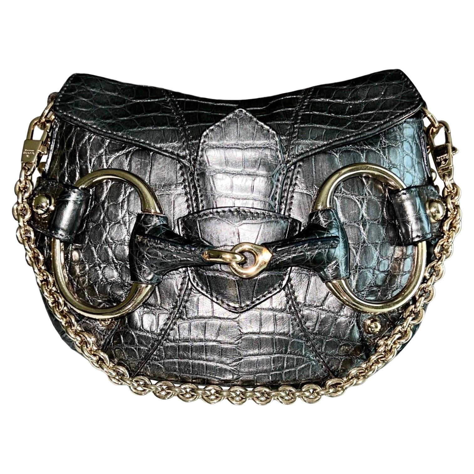 GUCCI by Tom Ford 2003/4 Exotische Krokodilhaut Metallic Grau Horsebit Clutch Bag im Angebot