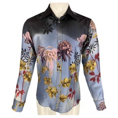 GUCCI by Tom Ford 2003 Größe S Blaues langärmeliges Hemd aus geblümter Seide mit Knopfleiste