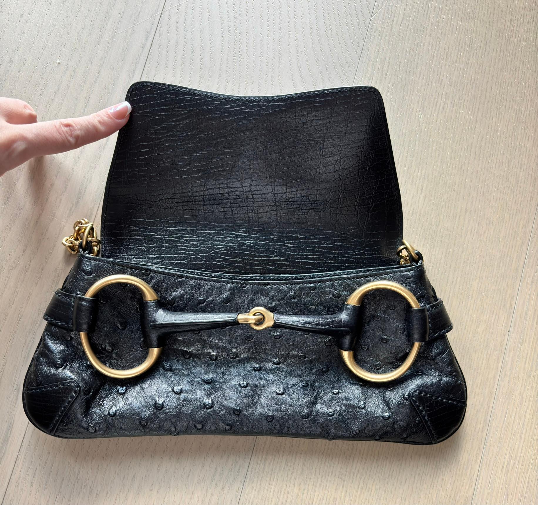 Black GUCCI by TOM FORD 2003 Vintage Runway Horsebit Ostrich Handbag