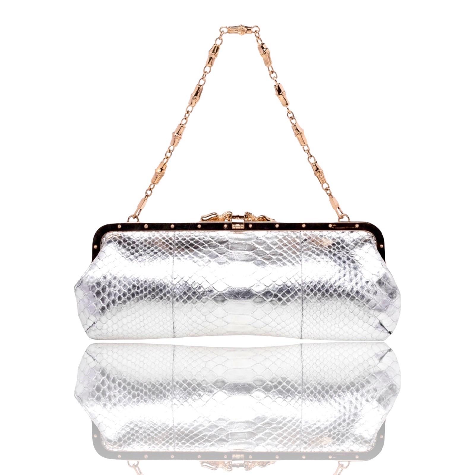 GUCCI by Tom Ford 2004 Exotic Silver Dragon Encrusted Crystal Bag Clutch Bamboo For Sale 5