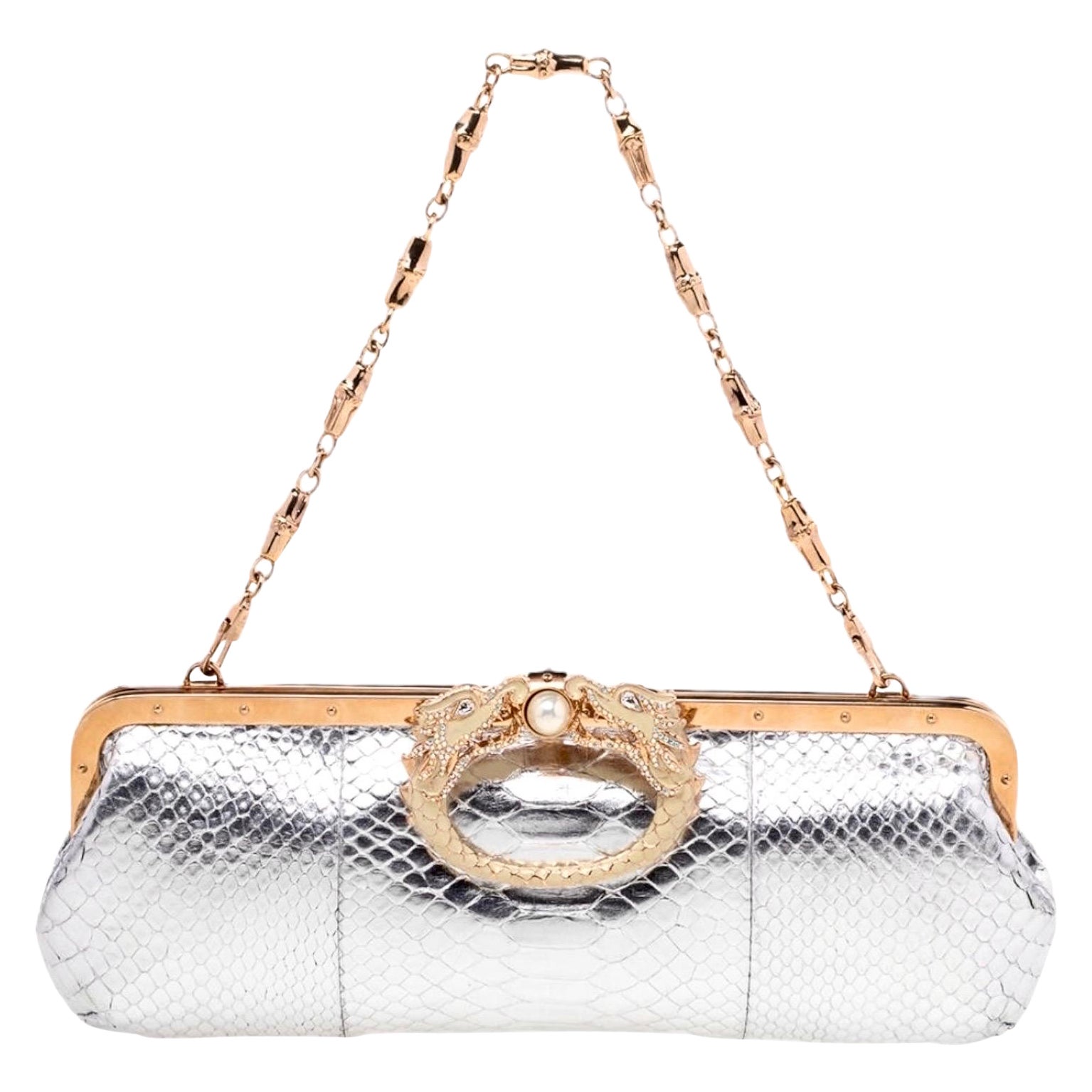 GUCCI by Tom Ford 2004 Borsa esotica con drago d'argento incrostato di cristalli Pochette di bambù